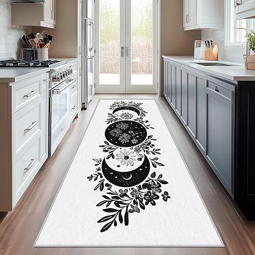 Miniatura 14 de Alfombra retro de los años 70 de 3 x 8 pulgadas, alfombra de pasillo vintage geométrica negra, blanca y naranja, antideslizante, lavable, alfombra