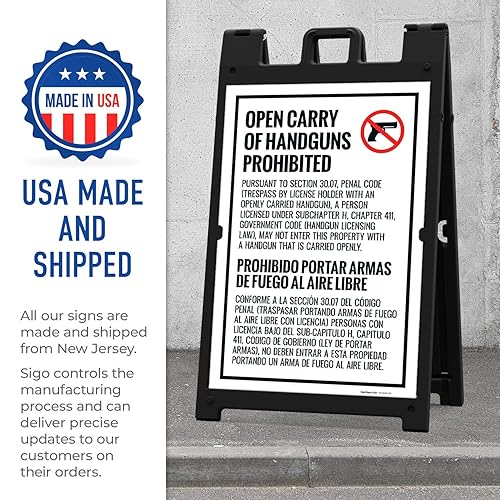 Miniatura 6 de Open Carry Of Handguns Prohibited Texas Penal Code Section 3007 Sidewalk Sign Kit 24x36 Inches With A Frame Stand Made in USA by Sigo Signs
