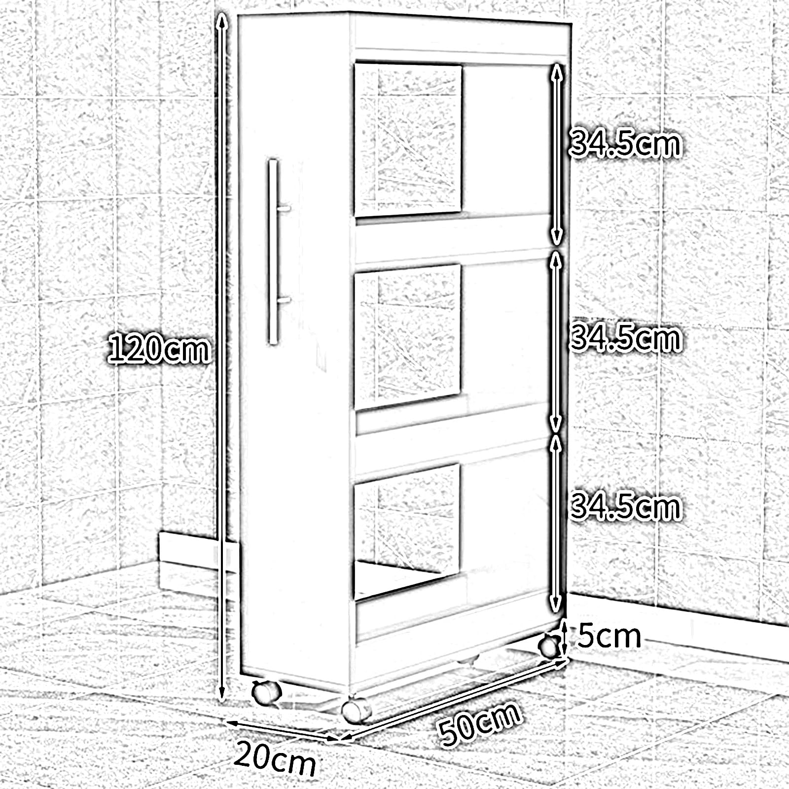 4-poziomowy wąski wózek na kółkach, wąski rozszerzalny wózek do serwowania z uchwytem, kuchenny nizer, do bocznej półki refriratora, czarny, 50 x 20 x 120 cm