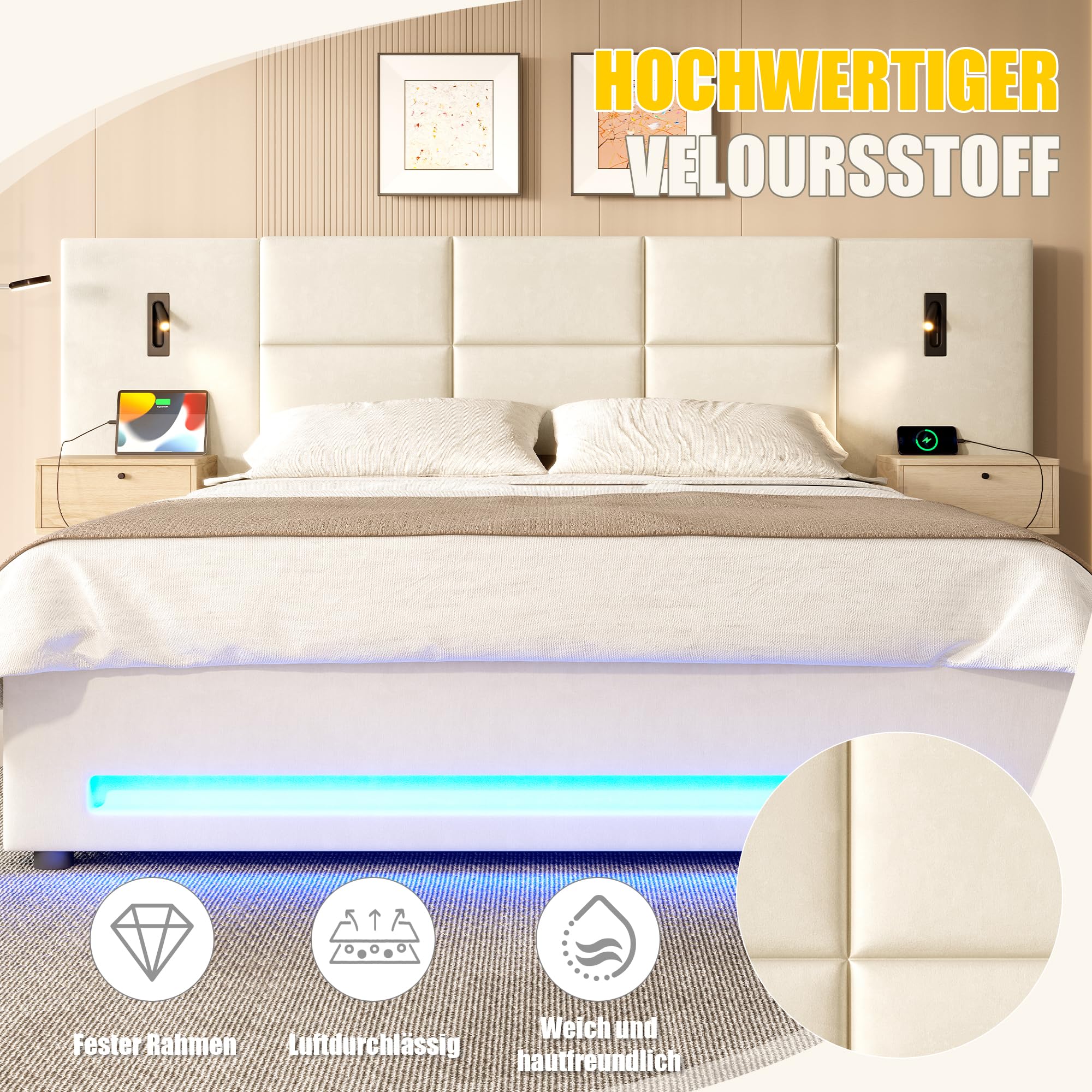 Łóżko tapicerowane 180 x 200 cm, hydrauliczne łóżko do przechowywania z lampką nocną LED, łóżko młodzieżowe ze złączami USB-C, podwójne łóżko z metalową ramą, łóżko do sypialni (bez materaca