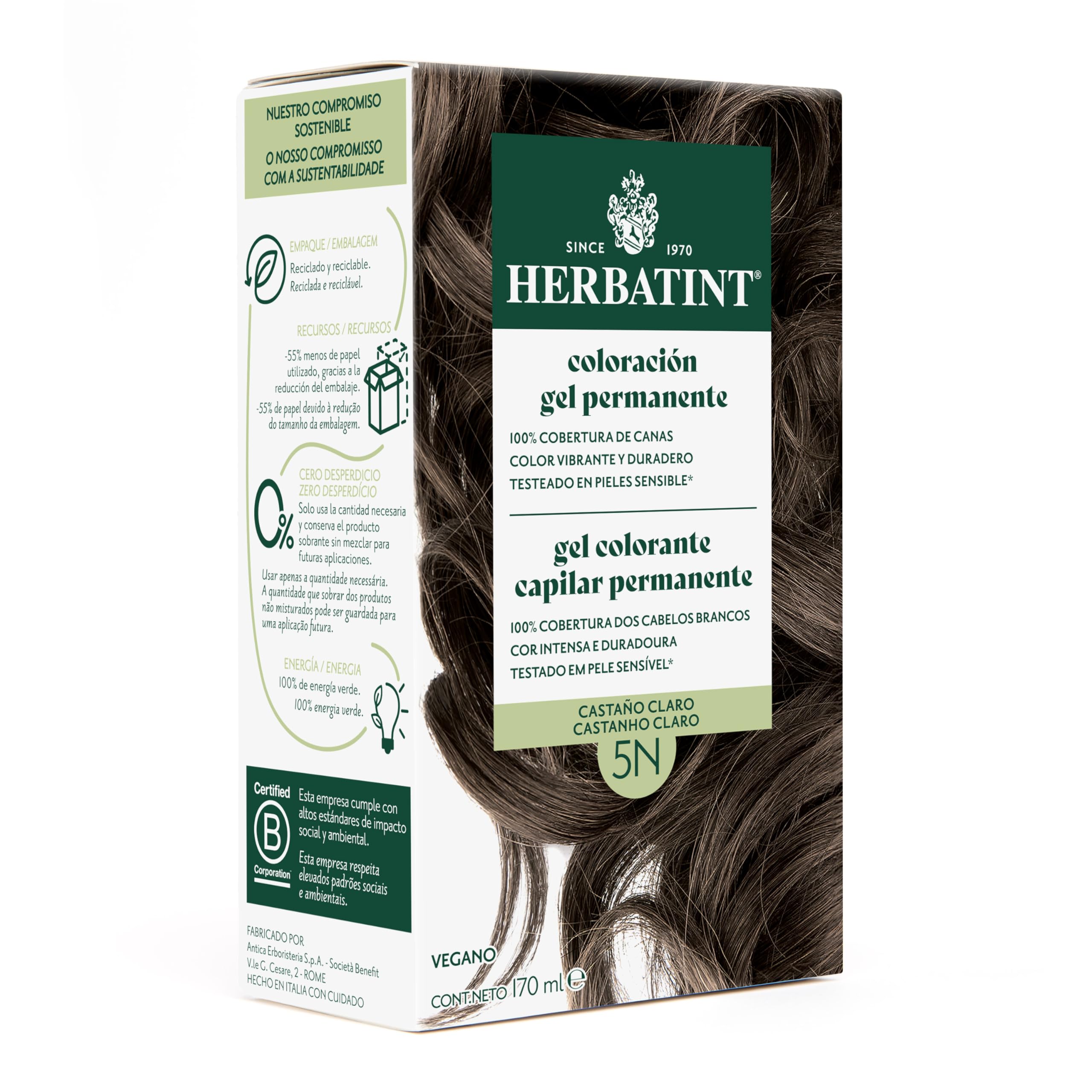 Herbatint Coloración para Cabello en Gel 5N Castaño Claro - 170 ml | Sin Amoníaco, 100% Cobertura de Canas | con 8 Extractos Orgánicos, Ideal para Pieles Sensibles