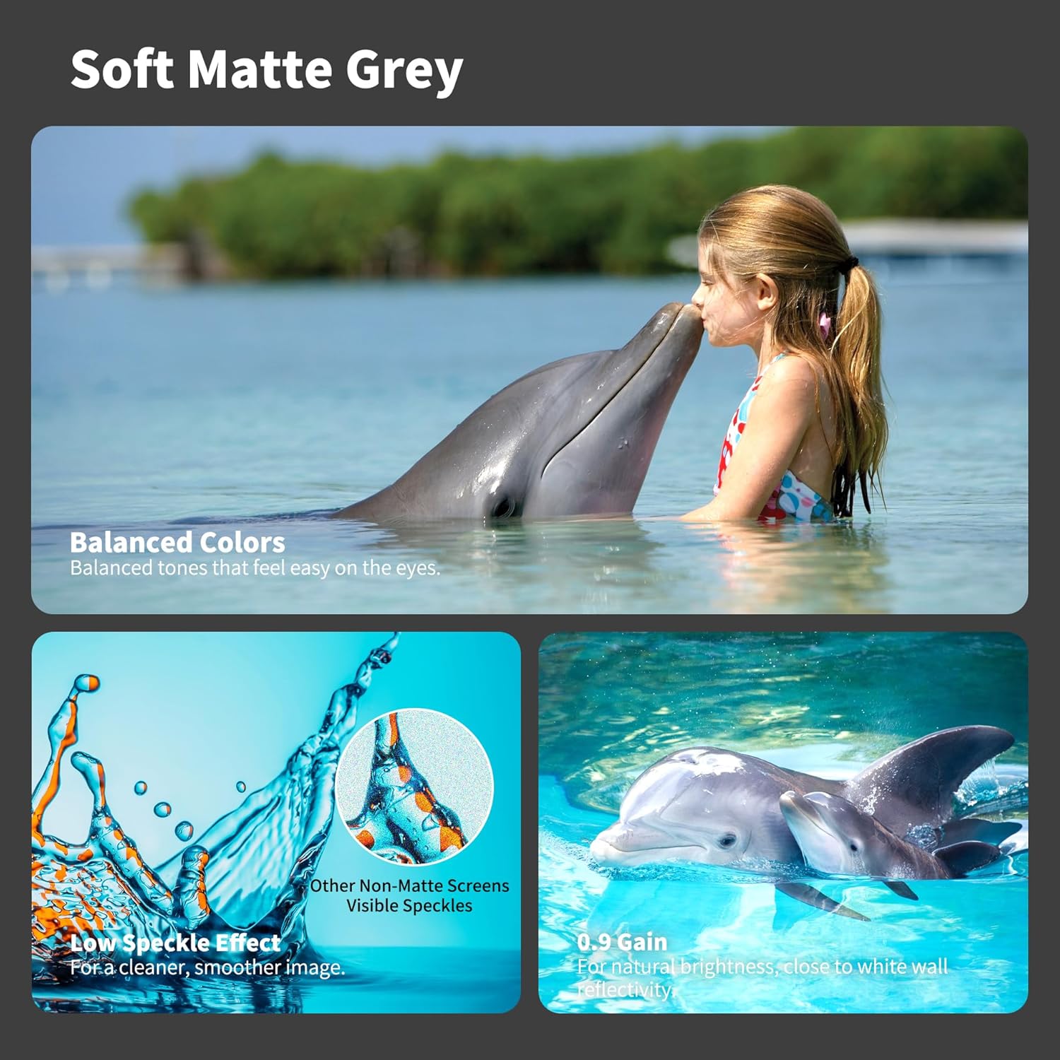 Close-up images demonstrating the screen's 'Soft Matte Grey' fabric, highlighting balanced colors, low speckle effect, and 0.9 gain for natural brightness.