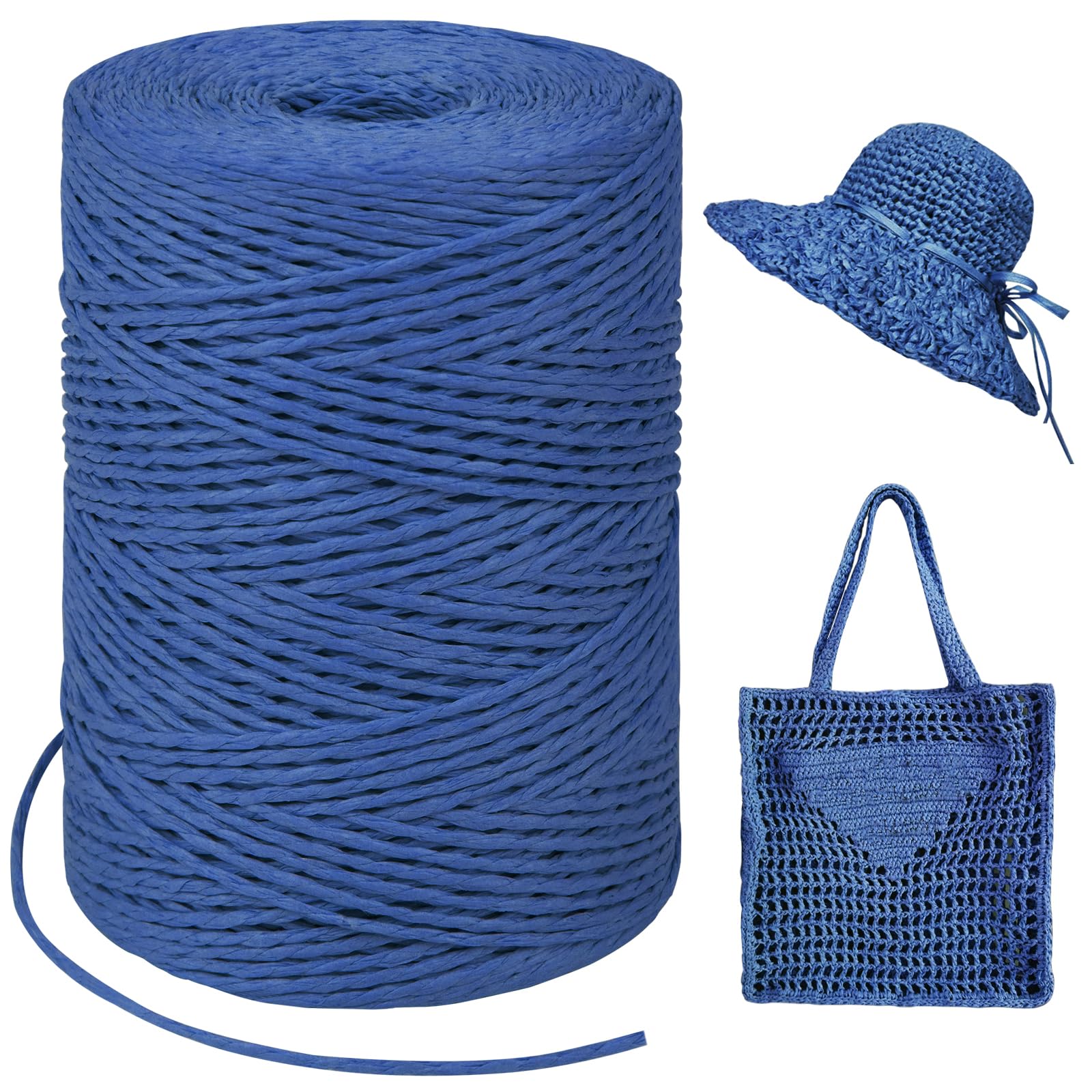 Royal Blue Raffia Yarn for Crochet Bags, 1.5mm x 328 Yards Round String Ribbon for Gift Wrapping, Paper Yarn for Crocheting Sun Hat, Bag, DIY Crafts, Holiday Decoration
