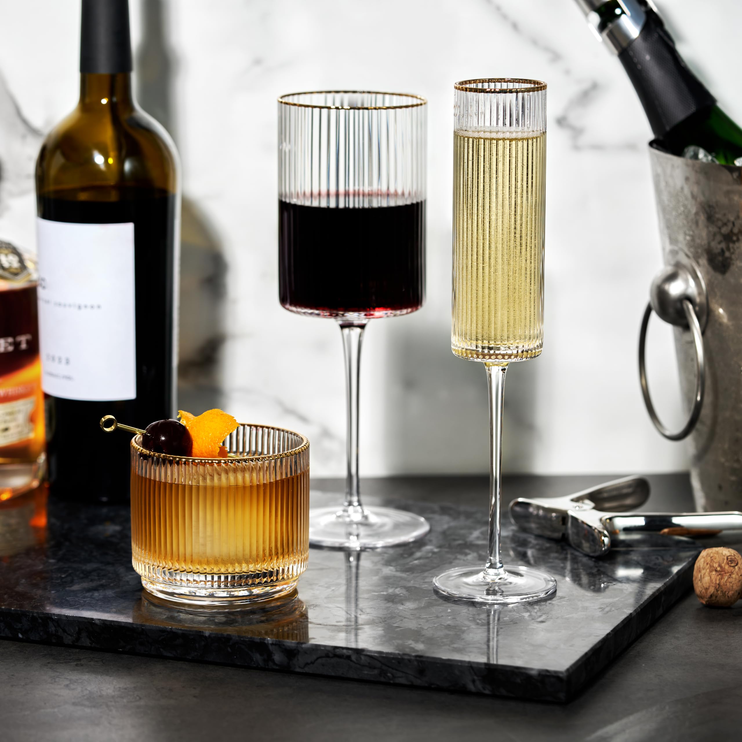 Viski Meridian Lot de 2 verres Lowball en cristal, verres à whisky Art déco, verres à scotch en cristal, verres à l'ancienne, verres côtelés, 355 ml