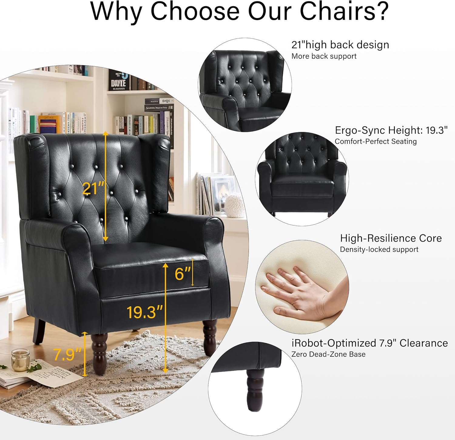 Lumibee High Back Accent Chair,Upholstered Faux Leather Wingback Armchair with Solid Wood Legs for Small Spaces,Comfy Single Sofa Chair for Living Room,Bedroom,Office-Black