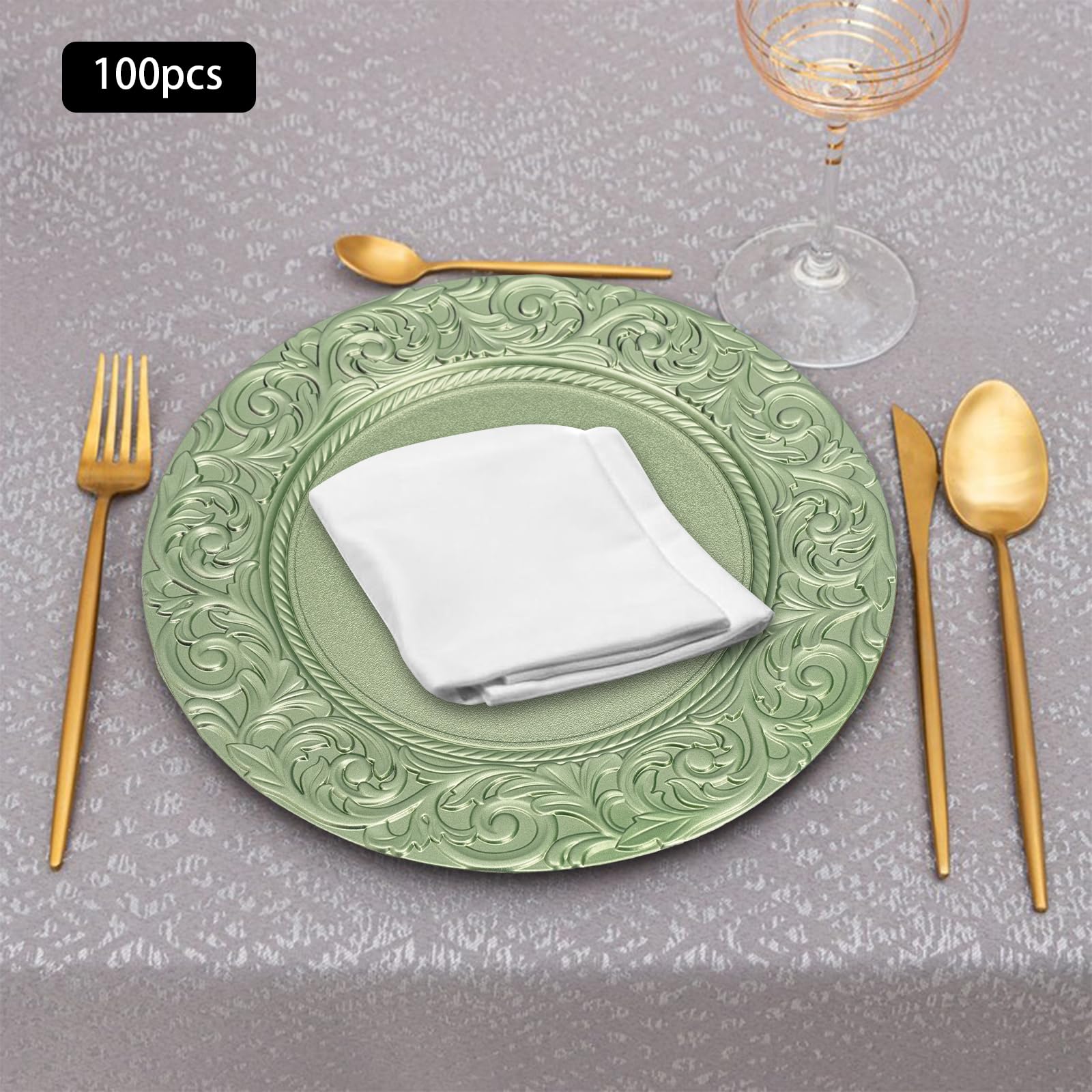 banborba Charger Plates Set, 100Pcs Green Plastic Reusable Dinner Charger Plates, 13'' Luxury Round Vintage Table Decoration for Wedding Dinner Party