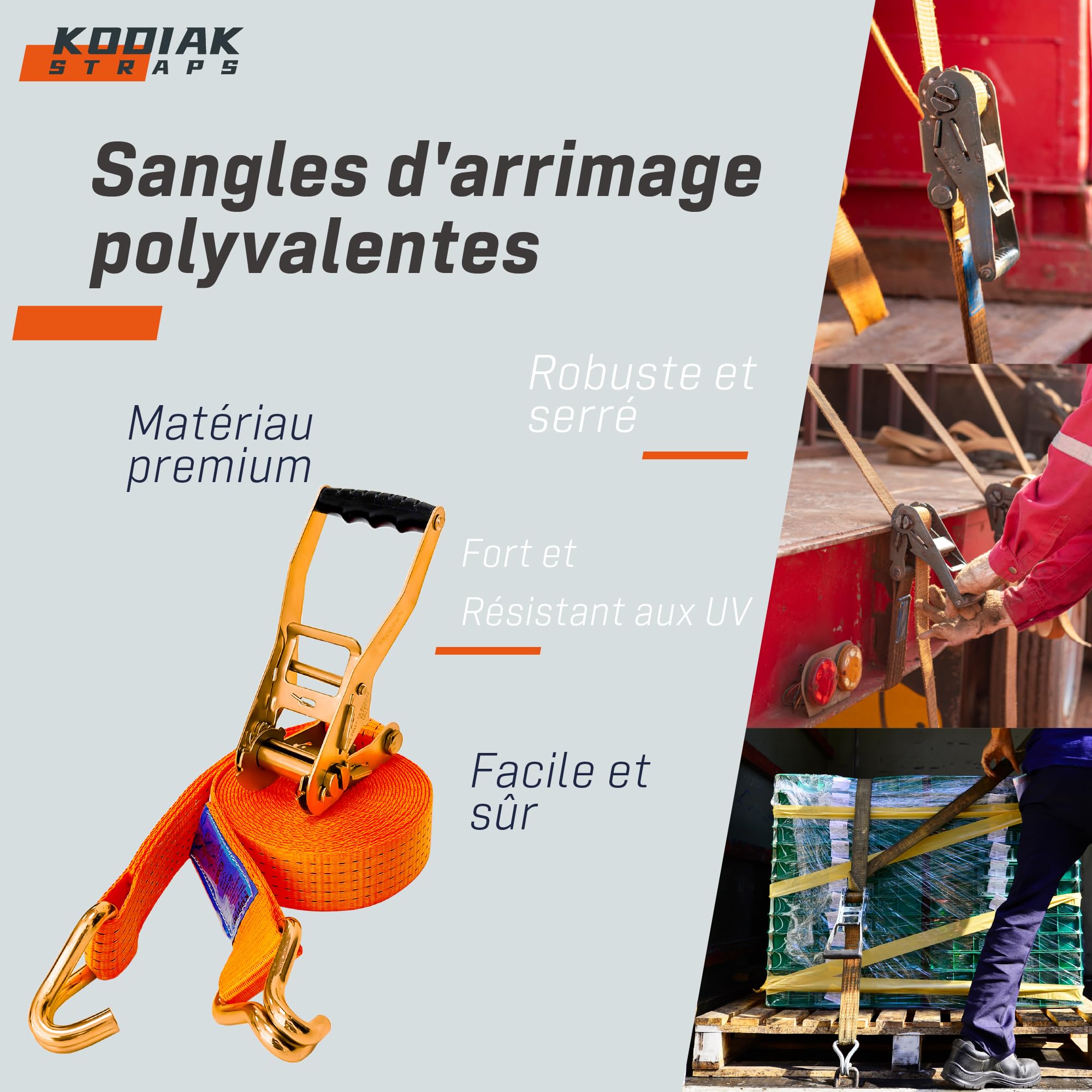 4 Lots de Sangles à Cliquet 8m x 5000kg avec Crochets - Sangles d'Arrimage 50mm Orange pour la Sécurisation des Chargements - Certifié TÜV/GS DIN en 12195-2 - KODIAK STRAPS