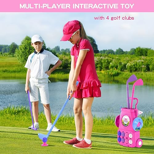 Miniatura 8 de QDRAGON Juego de palos de golf para niños pequeños con 8 pelotas, tapete de putt, 4 palos de golf, 2 agujeros de práctica y carrito de golf con