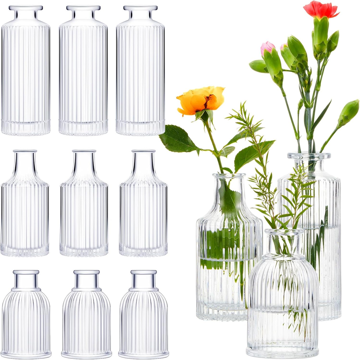 Juego de 12 mini jarrones pequeños para flores a granel de vidrio acanalado jarrones para centro de mesa, mesa decorativa, boda, recepción, regalo