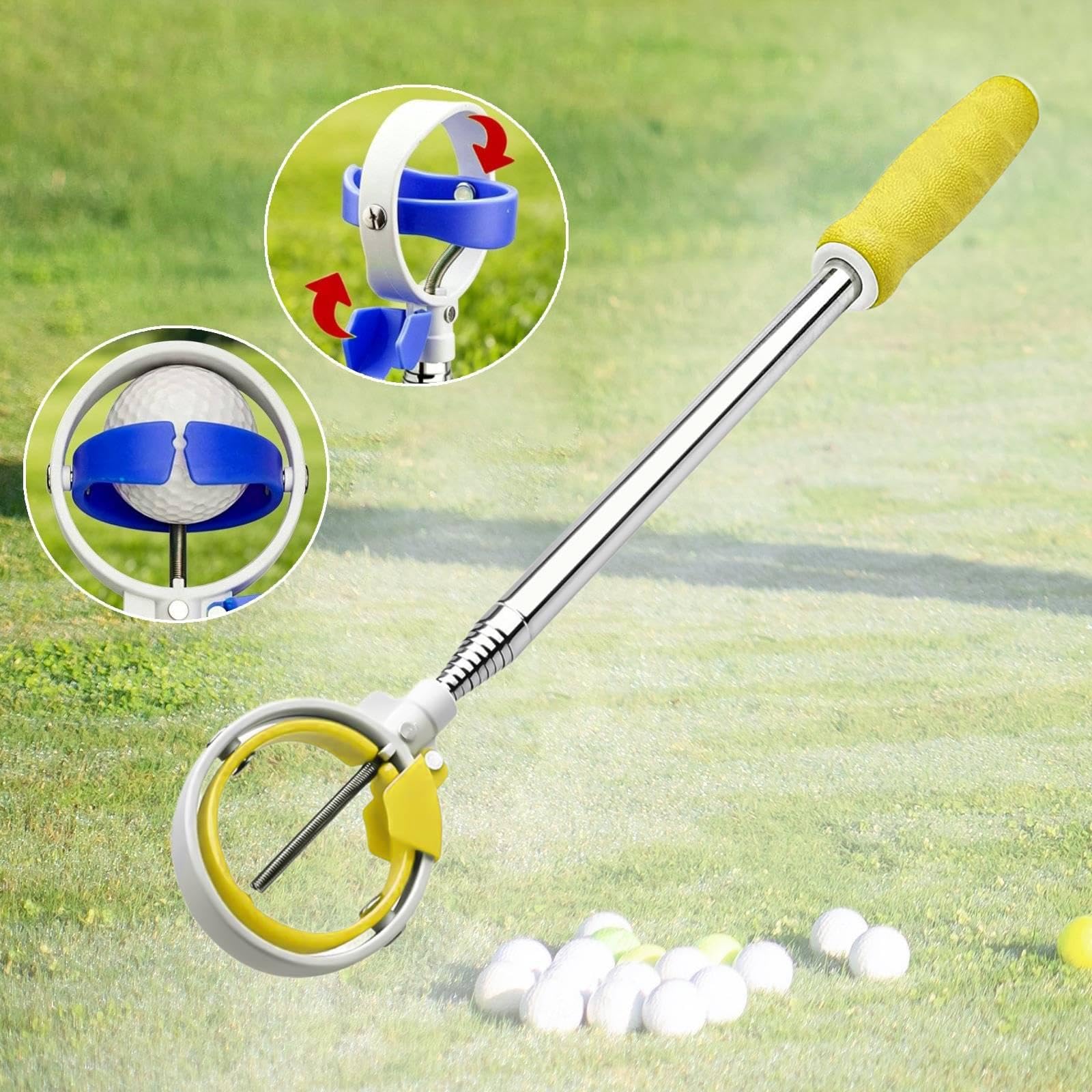 Raccoglipalline da Golf Portatile con Impugnatura in Gomma Antiscivolo, Realizzato in PP E Acciaio Inossidabile, con Gabbia Ad Apertura Rapida, Giallo