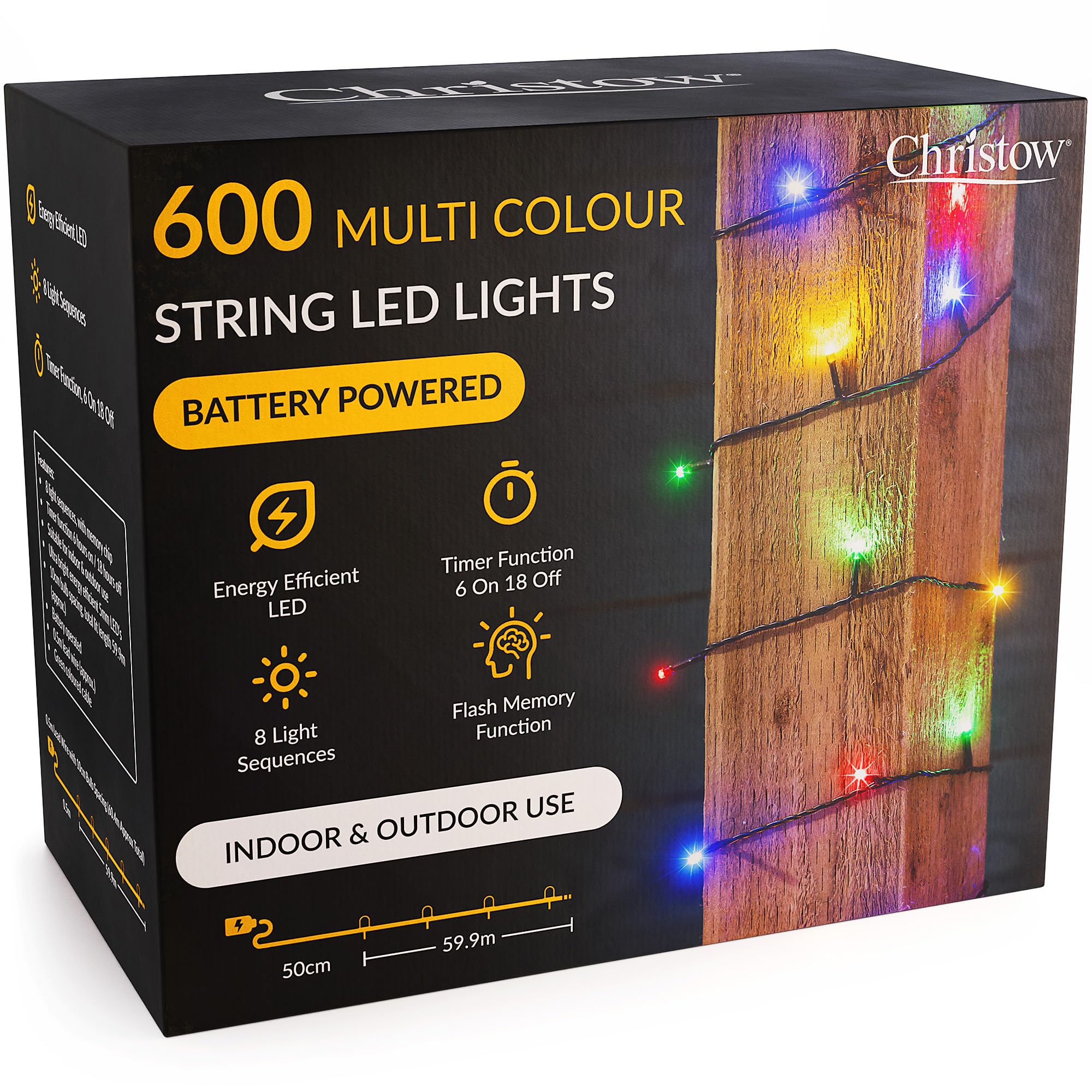Christow Multi Coloured Christmas Fairy Lights Battery Operated, Multi-Coloured Led String Lighting With Timer, Indoor & Outdoor, 8 Light Modes Flashing & Static, Green Cable (600 Led / 60M Lit Length)