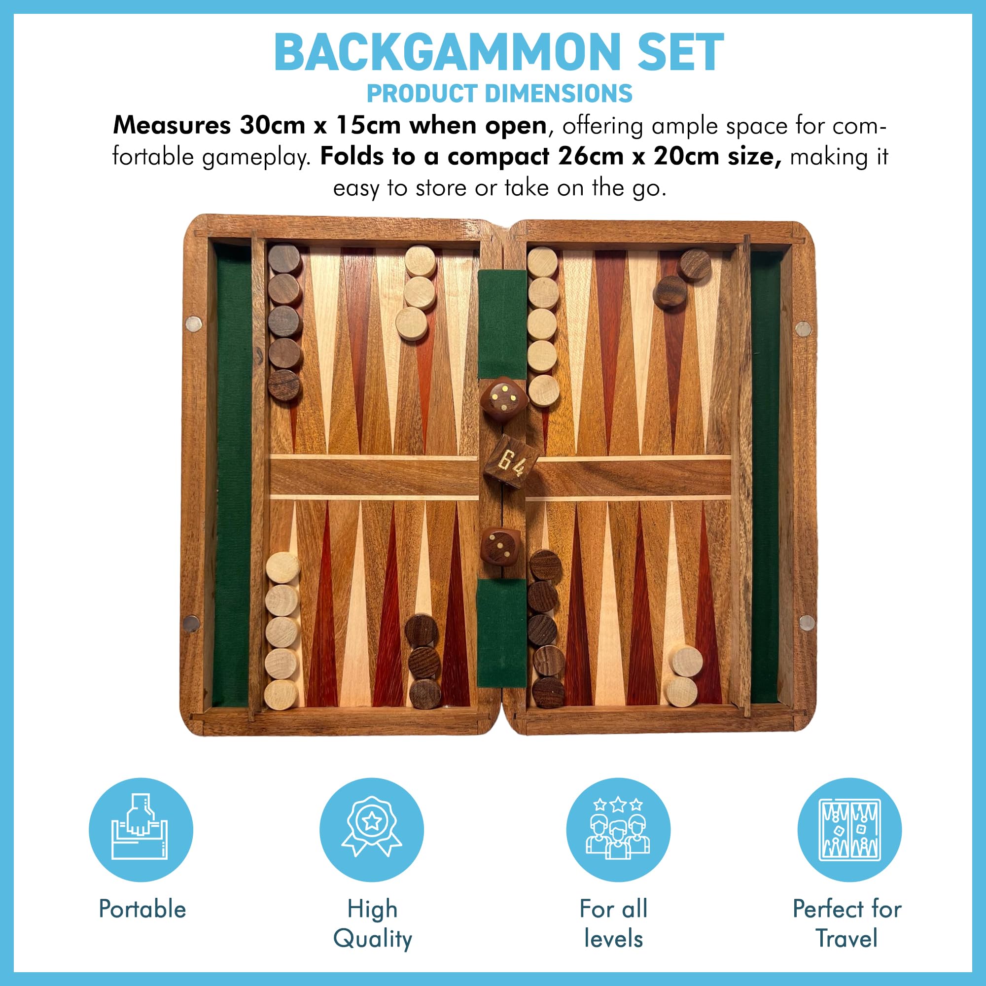 Classic Wooden Inlaid Backgammon Set - 36cm x 26cm, Includes Wooden Playing Pieces and Dice, Brown, 42cm x 36cm - Image 3
