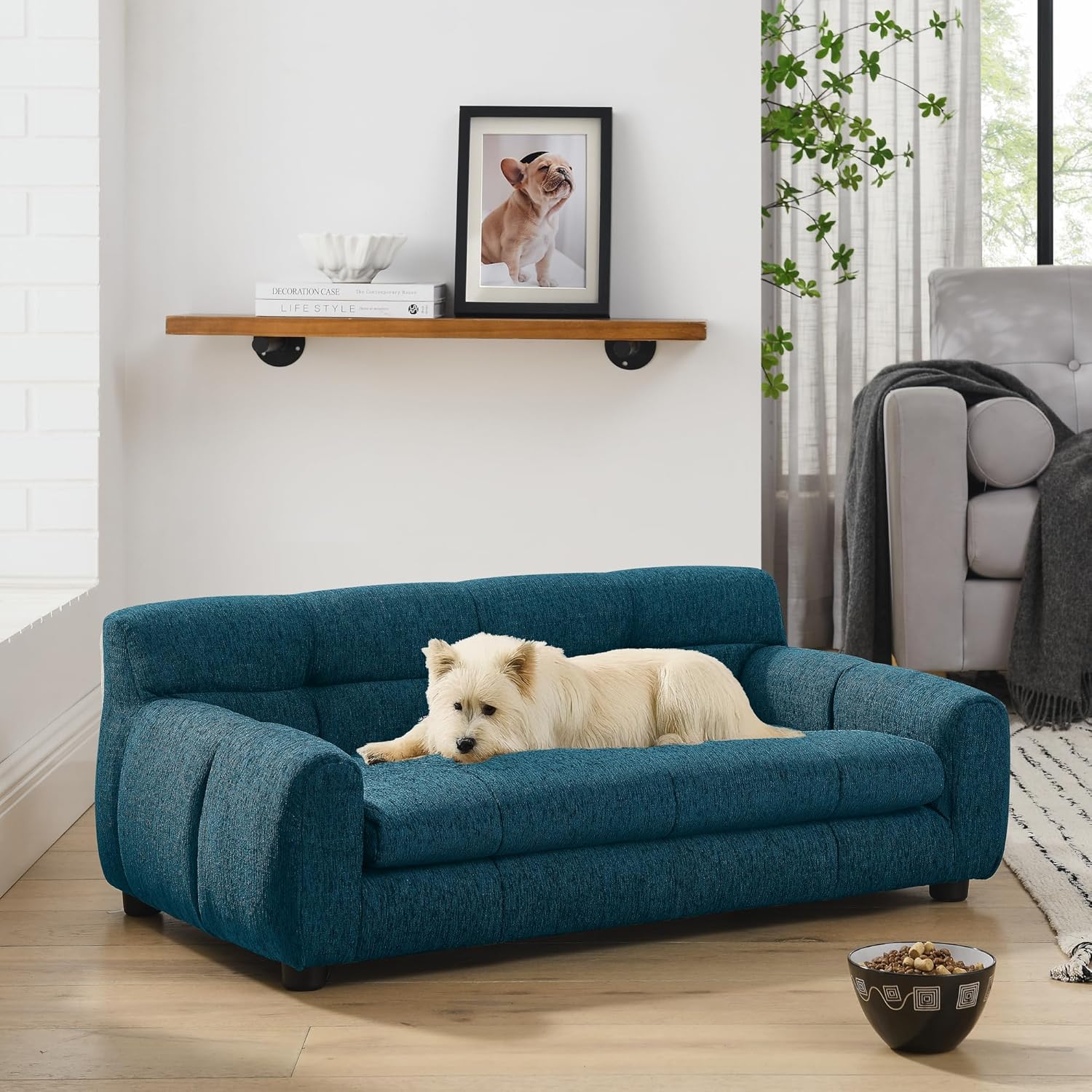 Pet Sofa for Small and Medium Dogs, Blue Rectangular Modern Design with Backrest and Armrests, 38x14.5x10.5 Inches