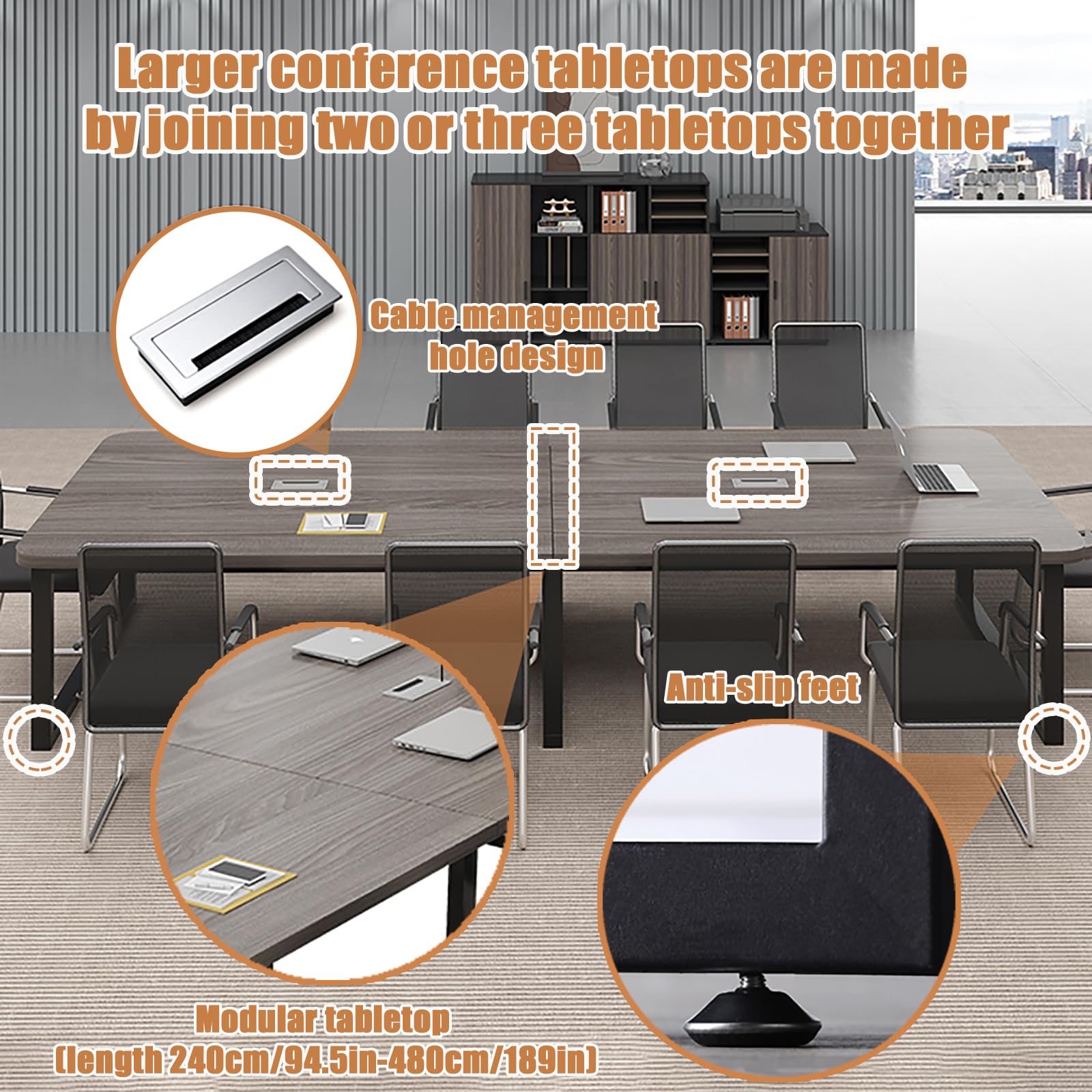 Ampio tavolo da conferenza con struttura in metallo e piano spesso, moderno tavolo riunioni ufficio, con sistema di gestione dei cavi, per ufficio, sala riunioni e sala formazione (da 4 a 18 persone)