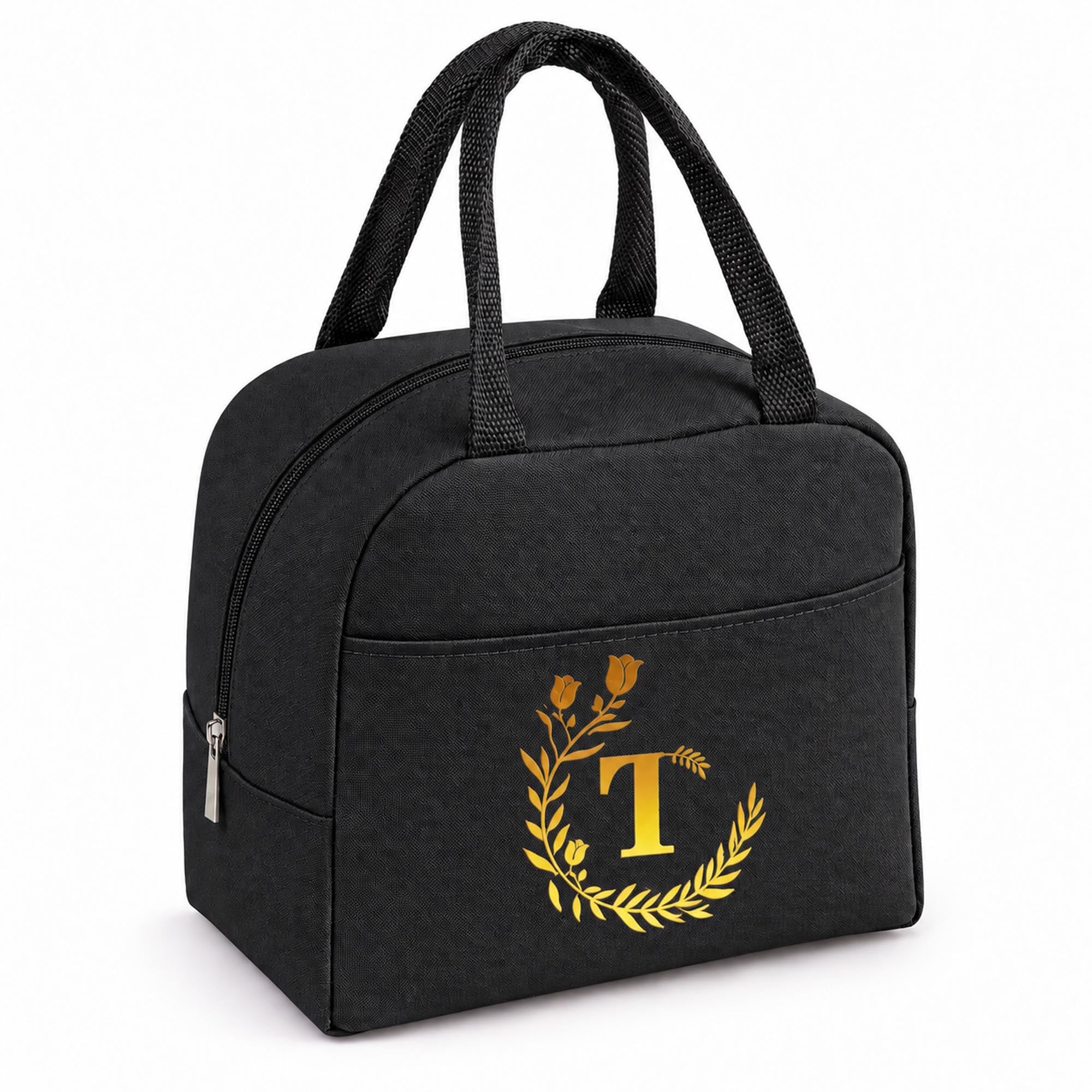 Personalized Black Initial Letters Insulated Lunch Bag for Women Men Kids-T