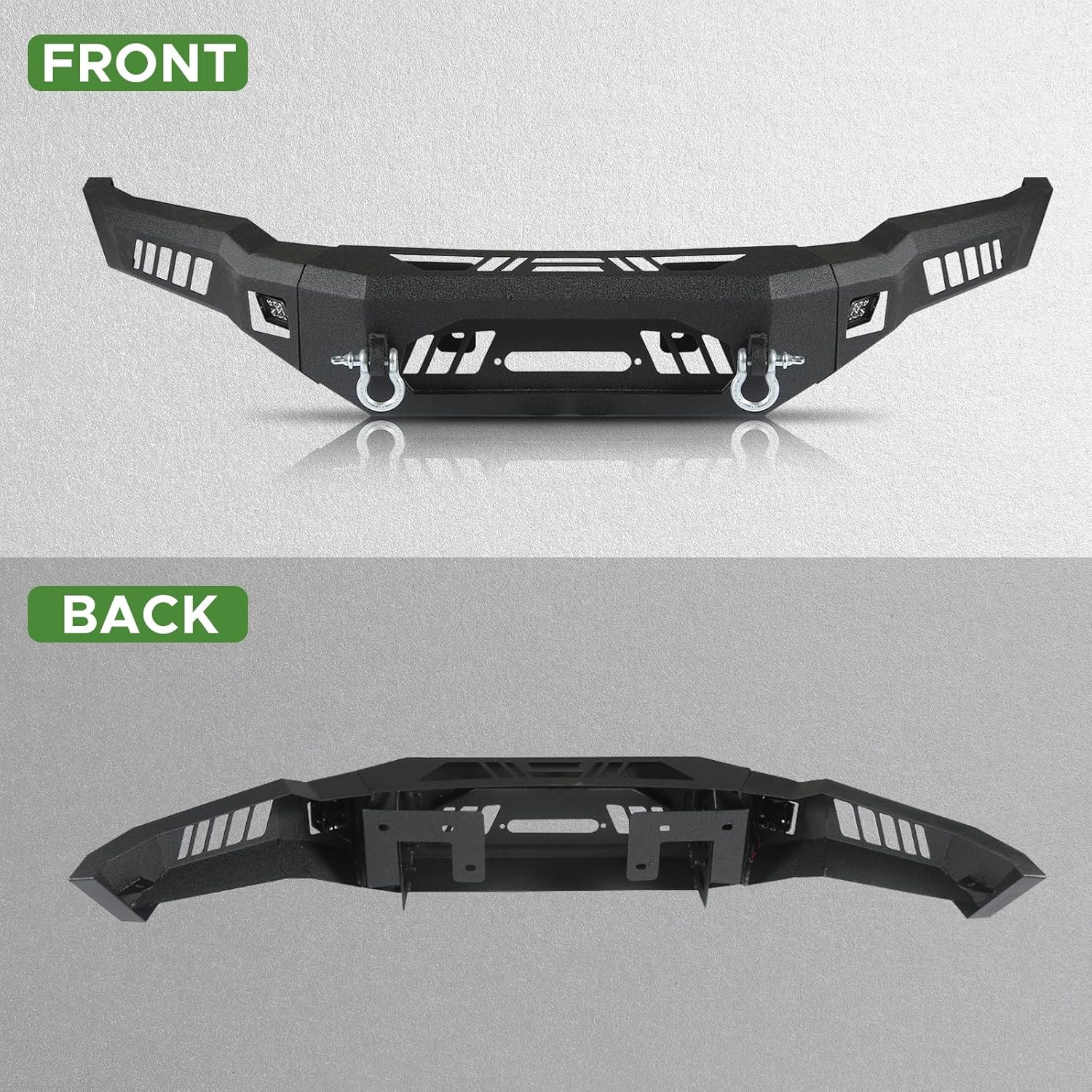 Off Road Front Bumper Fit for Ford F150 2018 2019 2020 (Exclude Raptor) Carbon Steel W/Winch Plate, 2 D-Rings & Shackles Mounts and 2 Squre Spotlights Full Width Front Bumper w/o Sensor Holes