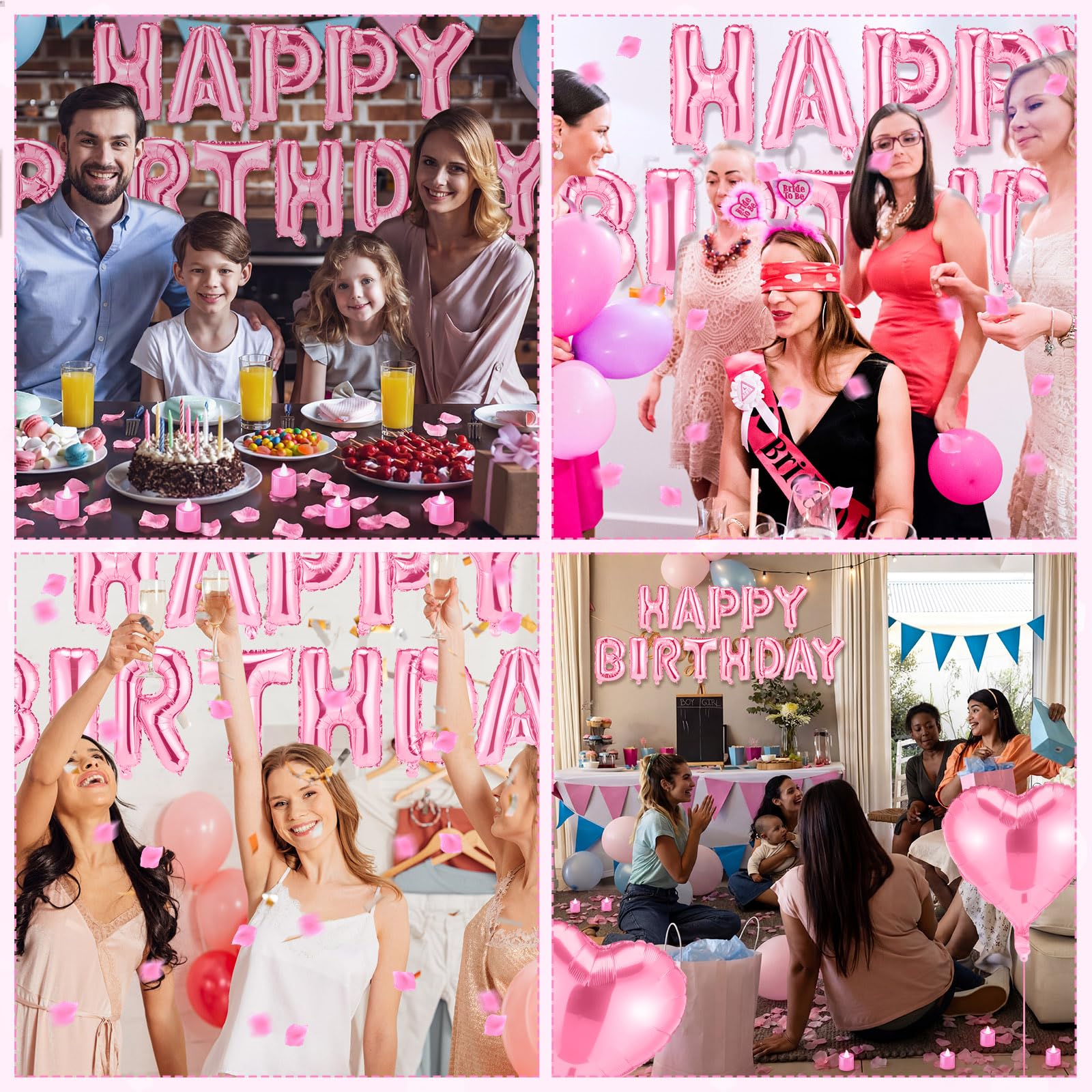 Juego de pancarta de globos de feliz cumpleaños rosa claro de 16 pulgadas con 24 luces LED y 2000 pétalos de rosa rosa para niños y adultos, decoraciones de cumpleaños, suministros de fiesta
