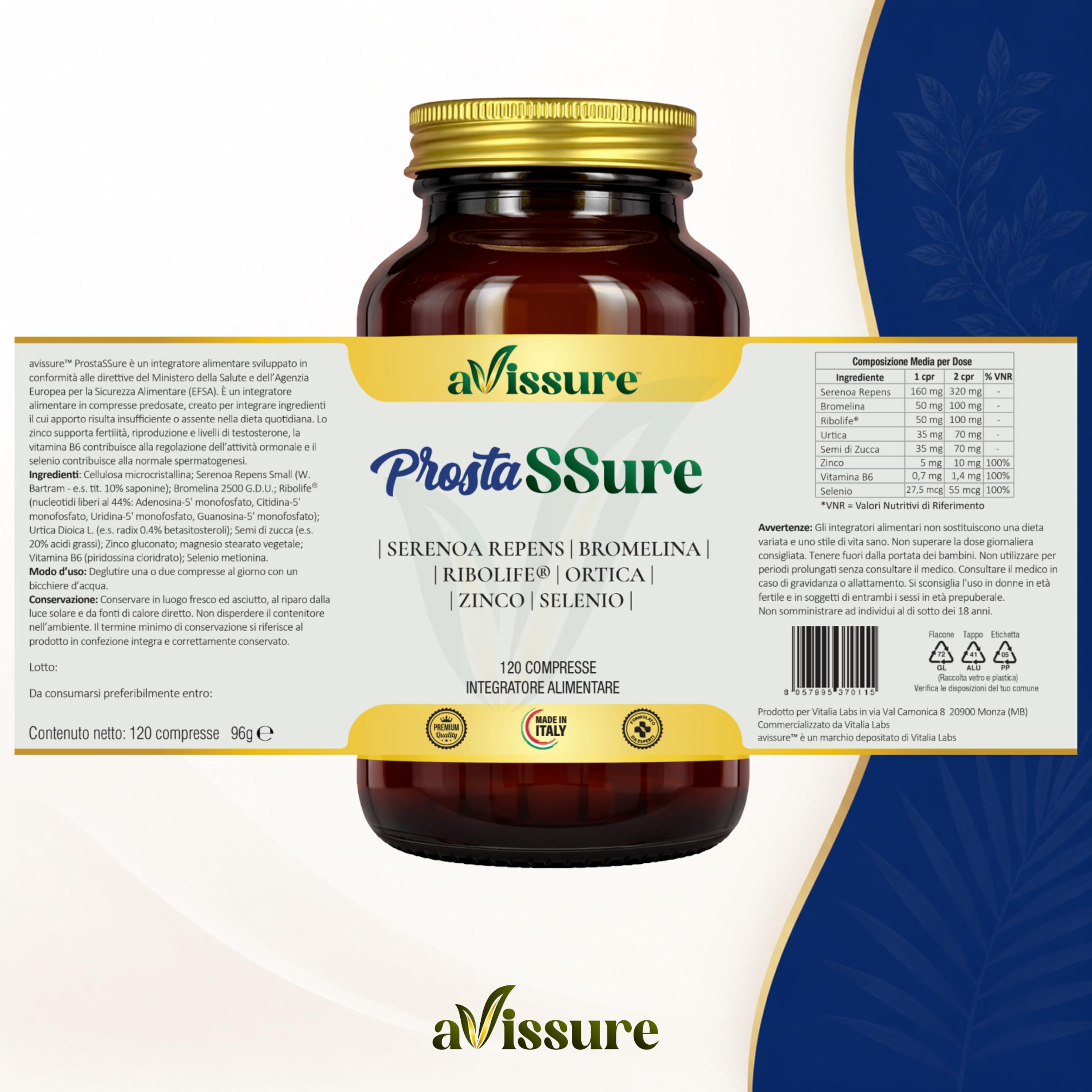 Serenoa Repens 320 mg ProstaSSure, 120 Compresse Fino a 4 Mesi, Formula con Estratto di Serenoa Repens, Ribolife, Bromelina 2500 GDU, Ortica, Vitamina B6, Zinco e Selenio, Senza Glutine, OGM, avissure