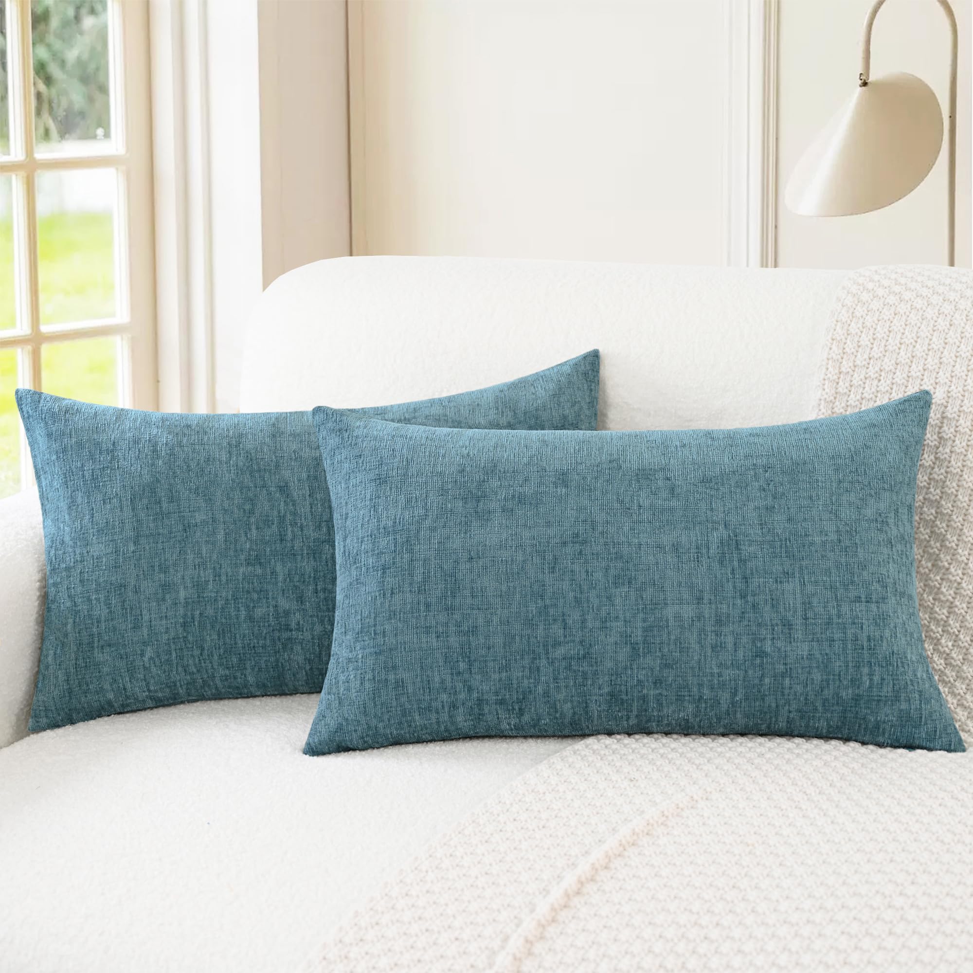 CaliTime Pack of 2 Cozy Bolster Pillow Covers Cases for Couch Sofa Home Decoration Solid Dyed Soft Chenille 30cm X 50cm Smoke Blue — image 1