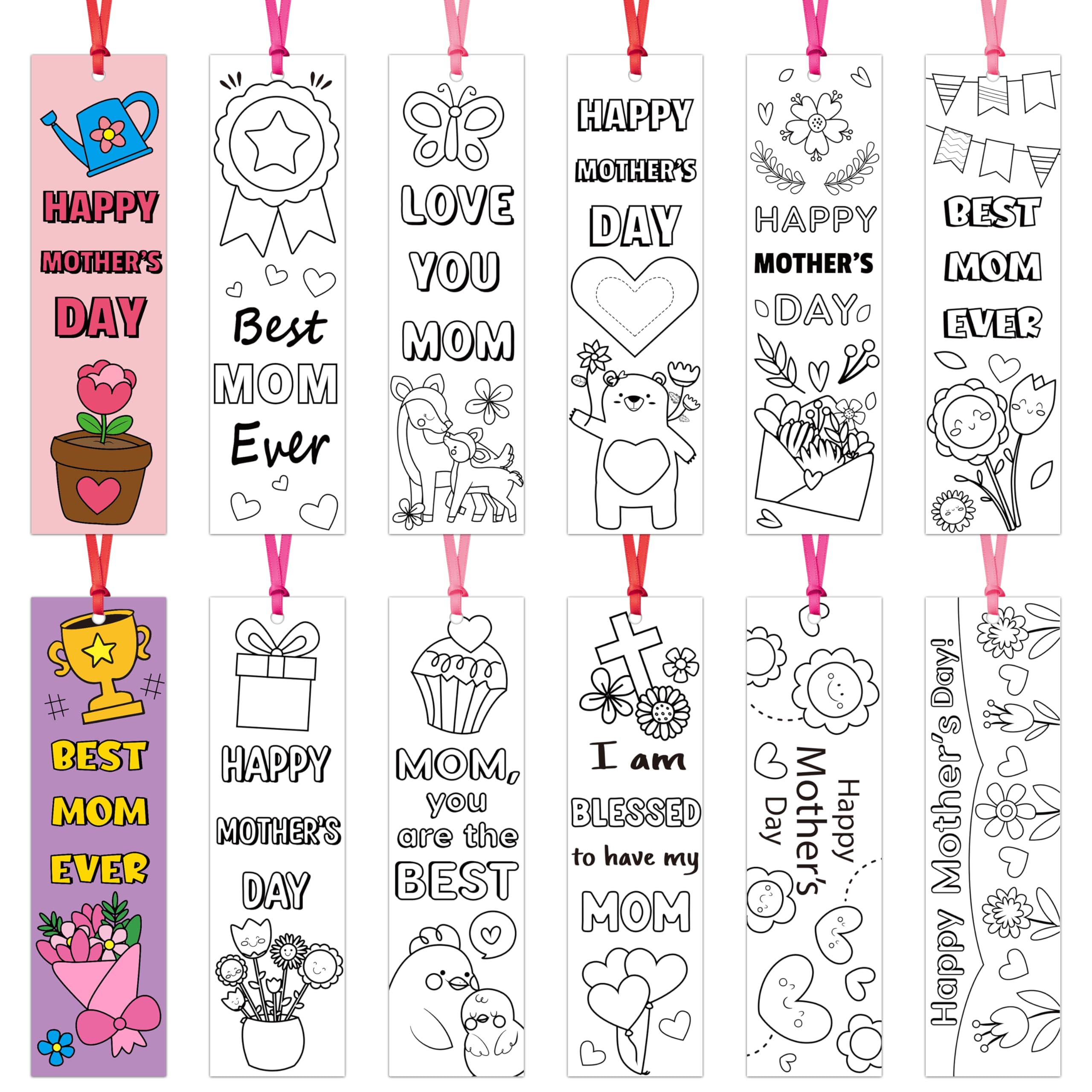 BWkoss Mother's Day Color Your Own Bookmarks for Kids -75Pcs Happy Mother's Day DIY Coloring Bulk Blank Bookmark Classroom Art Craft Supplies for Student Mother's Day Holiday Party Goodie Fillers
