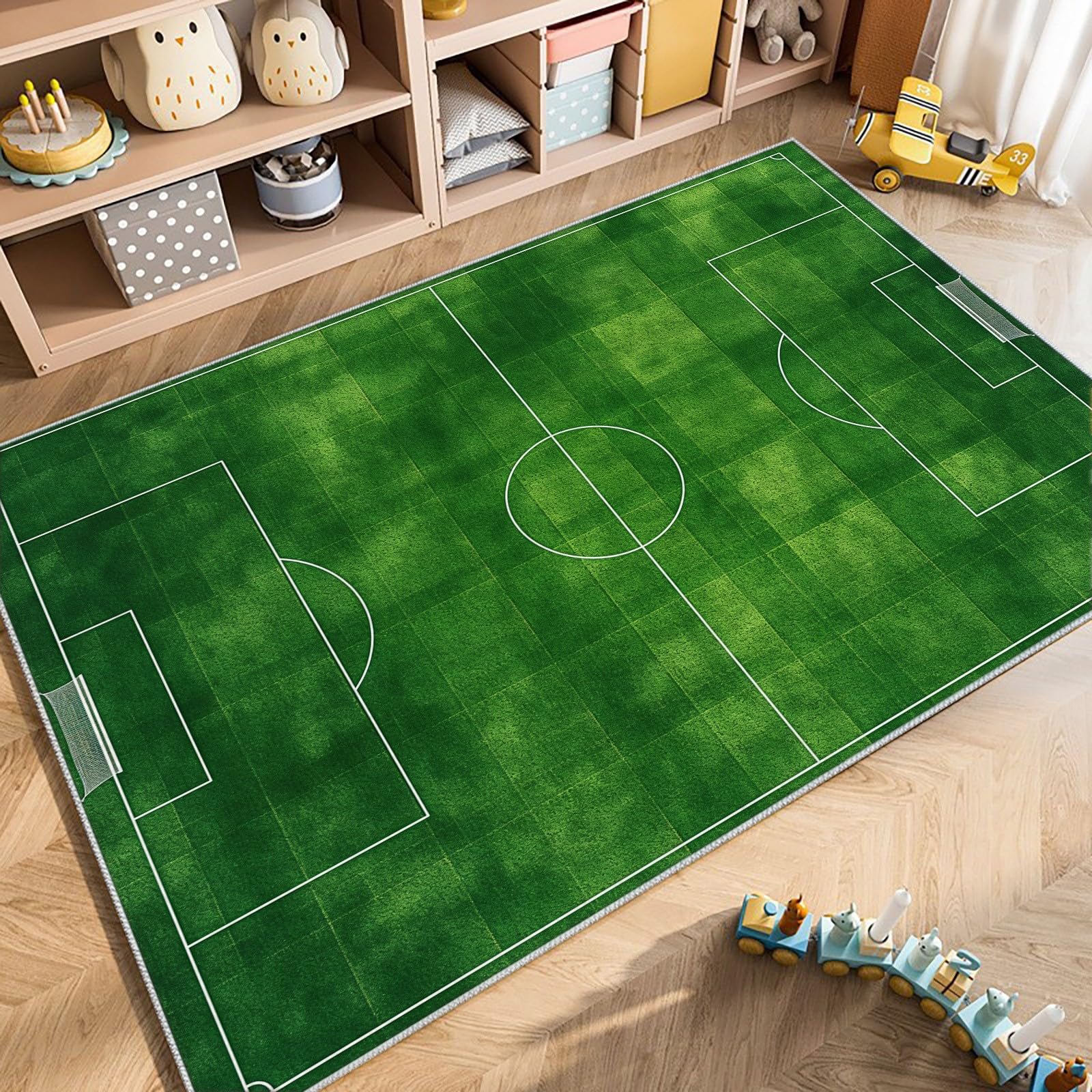 Tapis de salon lavable en machine 80 x 150 cm vert, coureur faible poil antidérapant avec imprimé rayures vertes terrain de football - tapis chambre pour la chambre à coucher le bureau à domicile