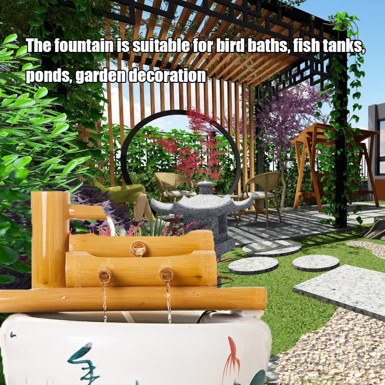竹製屋外噴水、庭の水景、鳥の水浴び場、禅の池、竹製屋外噴水の装飾、日本の水、ポンプとスプーン付き