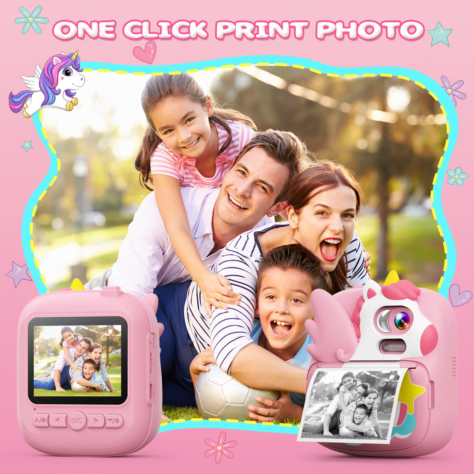 CAMCLID Macchina Fotografica Bambini Istantanea, 2,4 Pollici Digitale Fotocamera Bambini con 32GB TF Scheda e Carta Fotografica per Stampa, Regalo di Natale per Bambini dai 3-12 Anni(Rosa)