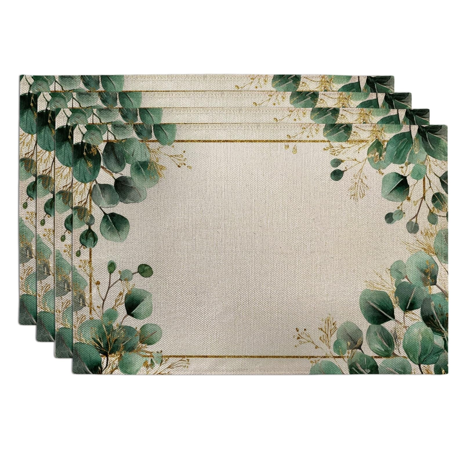 Eucalyptus Leaves Placemats, Green Botanical Table Mats for Dining, Non-Slip Washable Indoor Outdoor Decorative Placemat Set of 4