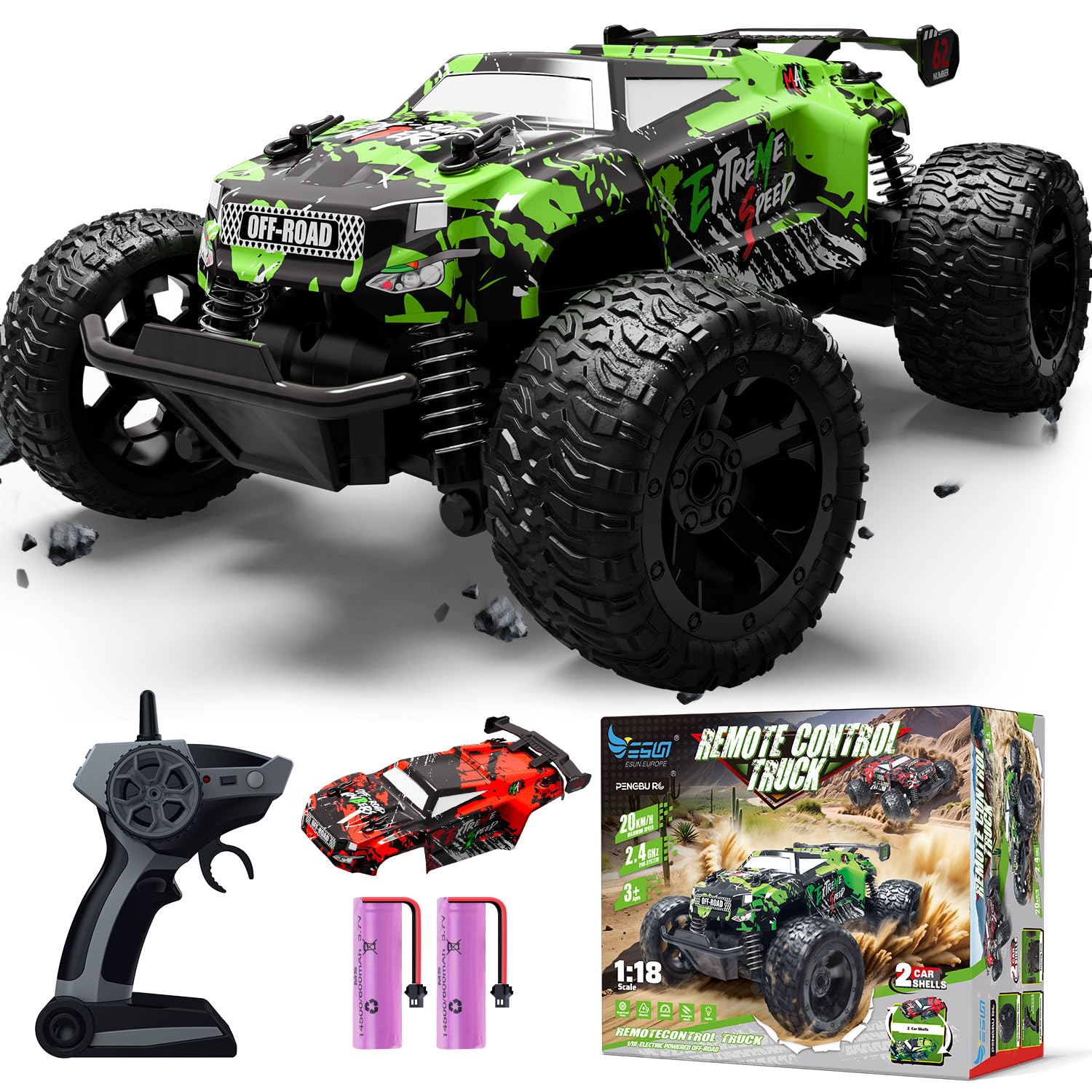 Voiture télécommandée Monster Truck télécommandée à partir de 3, 4, 6, 8 Ans, 1:18, 2,4 GHz, Voiture radiocommandée, avec Double Coque, lumière et 2 Batteries, Jouet pour Enfants, garçons et Filles