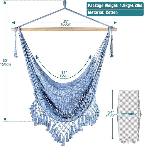 Miniatura 49 de Chihee Silla de hamaca súper grande, sillas colgantes de cuerda de algodón hilado suave, plegable y resistente, barra separadora de metal, asiento
