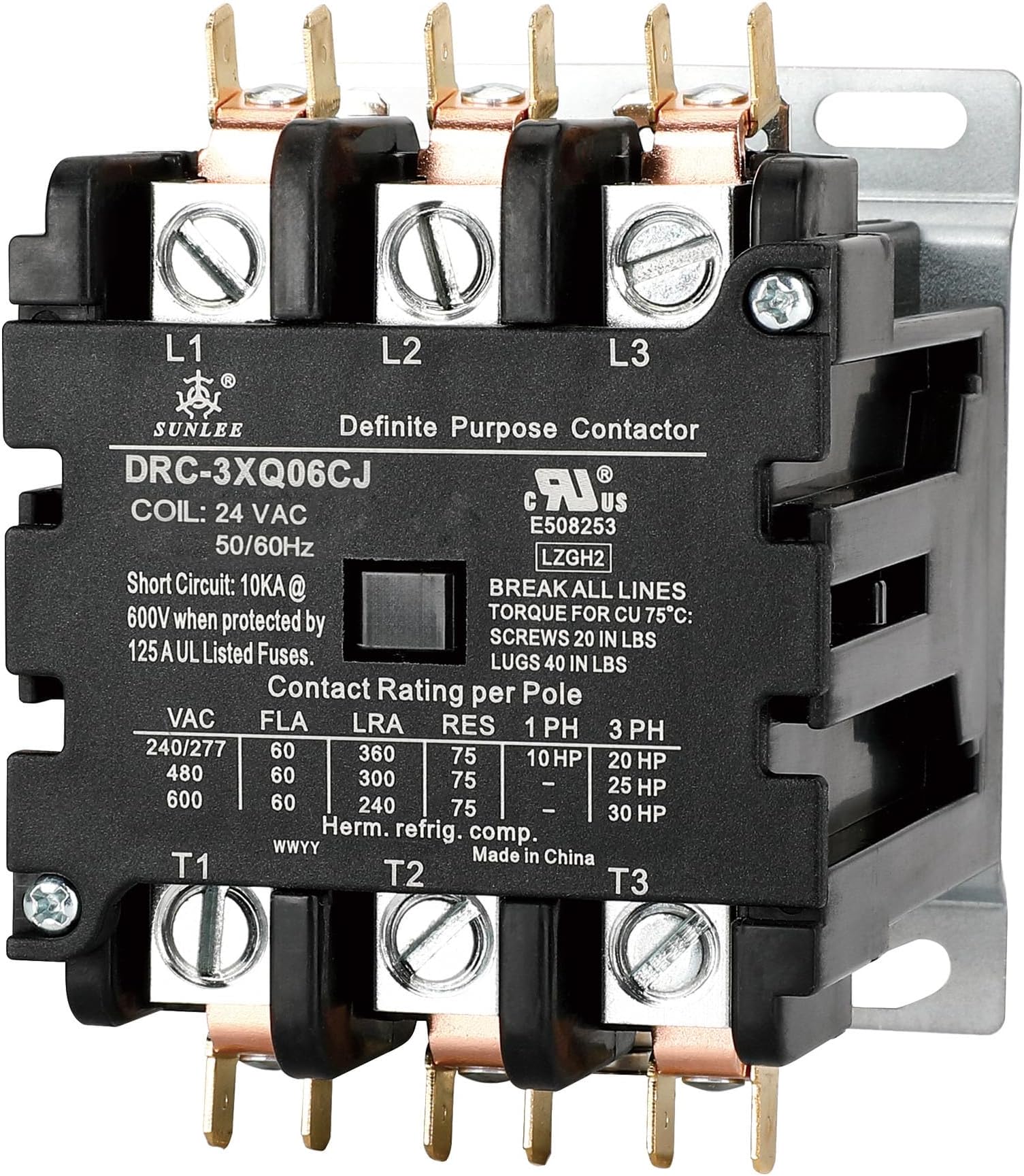 SUNLEE 60 Amp 3 pole Contactor 24v coil Definite Purpose Contactor A2L Compliant UL Recognized & Approved for UL 60335 HVAC Contactor 42EF35AJ equivalent NEMA