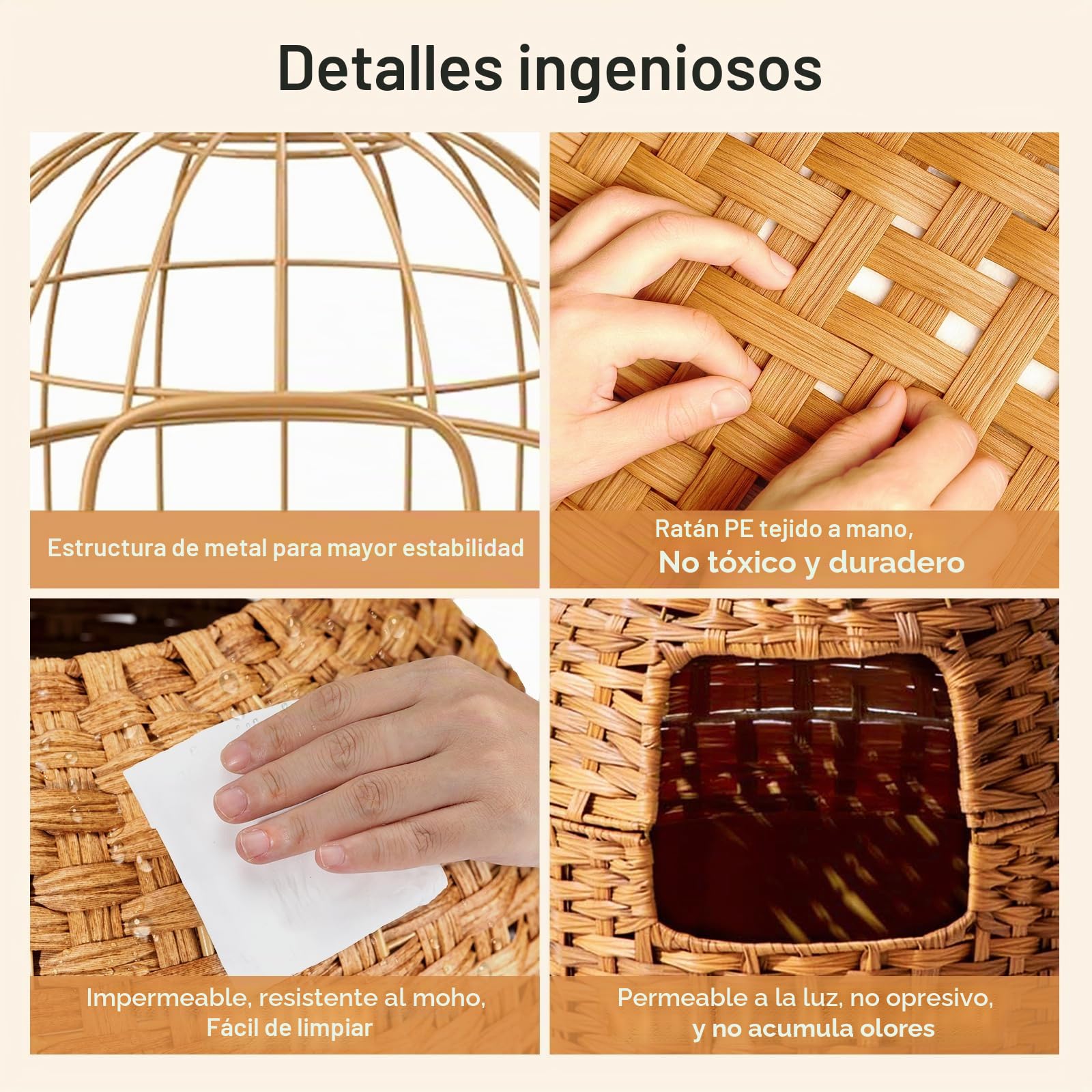 Inodoro para gatos, maceta oculta con planta y pala, inodoro para gatos de ratán trenzado a mano con control de olores y filtro de carbón (natural, puerta cuadrada)