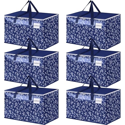 HomeHacks Moving Bags, Extra Large Size Moving Boxes, Heavy Duty Luggage Bags with Smooth Zipper and Sturdy Handles, Large Capacity & Easy Loading Storage Totes for Space Saver 125L, 6-Pack, Blue