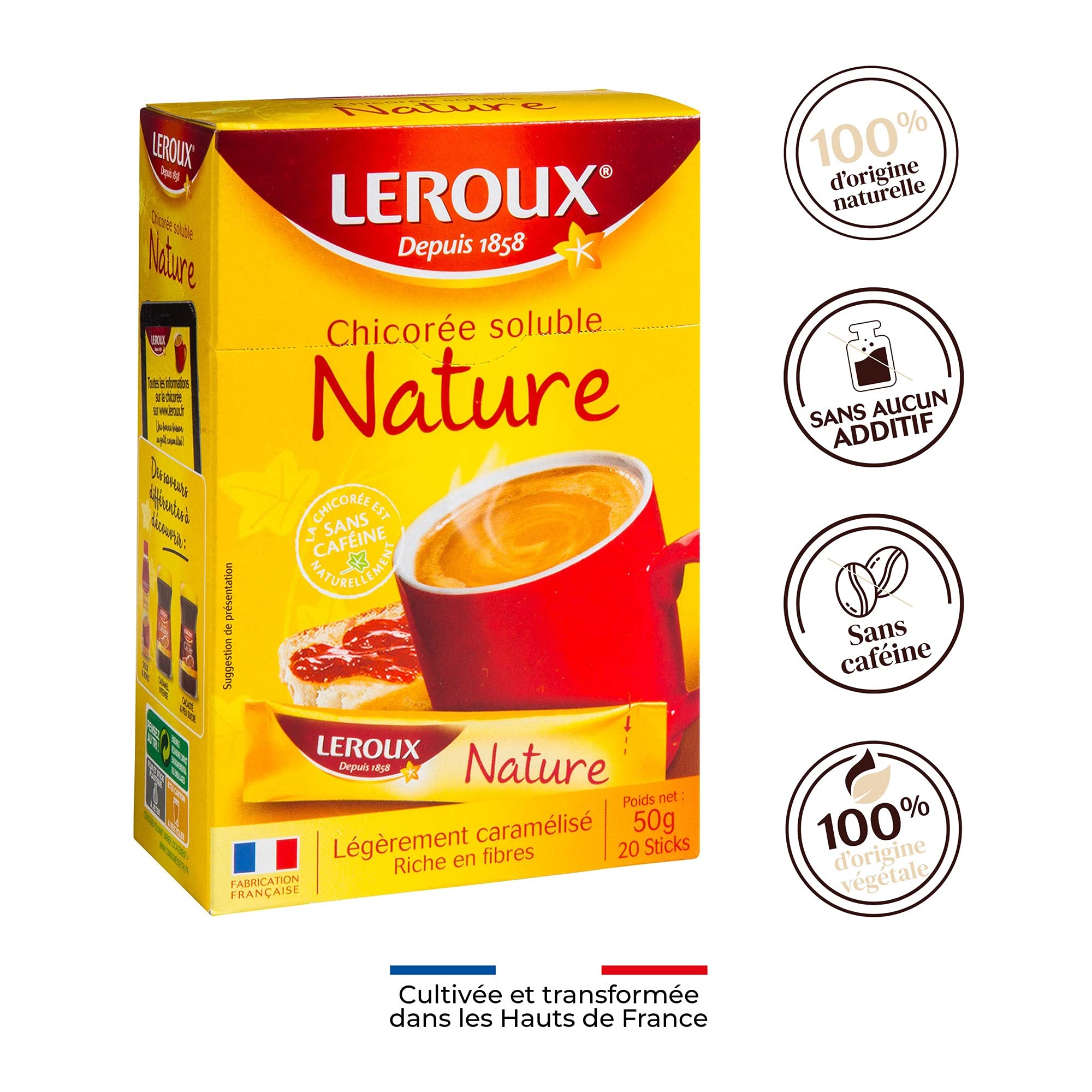 Leroux - Chicorée Soluble Nature en Sticks - 100% d'Origine Végétale - Chicorée Torréfiée, Goût Légèrement Caramélisé - Riche en Fibres, Sans Sucres Ajoutés - Lot de 6 Boites de 20 Sticks