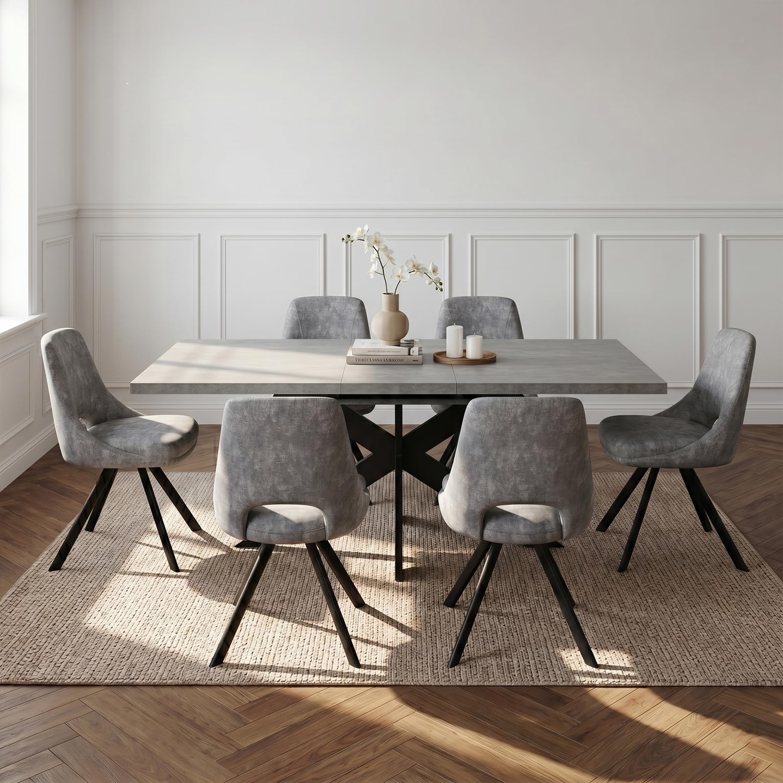 JIEXI Set di 6 tavoli da pranzo allungabili, 160 x 200 cm, con piano rettangolare in MDF e 6 sedie in velluto, stile moderno e contemporaneo, per sala da pranzo e cucina