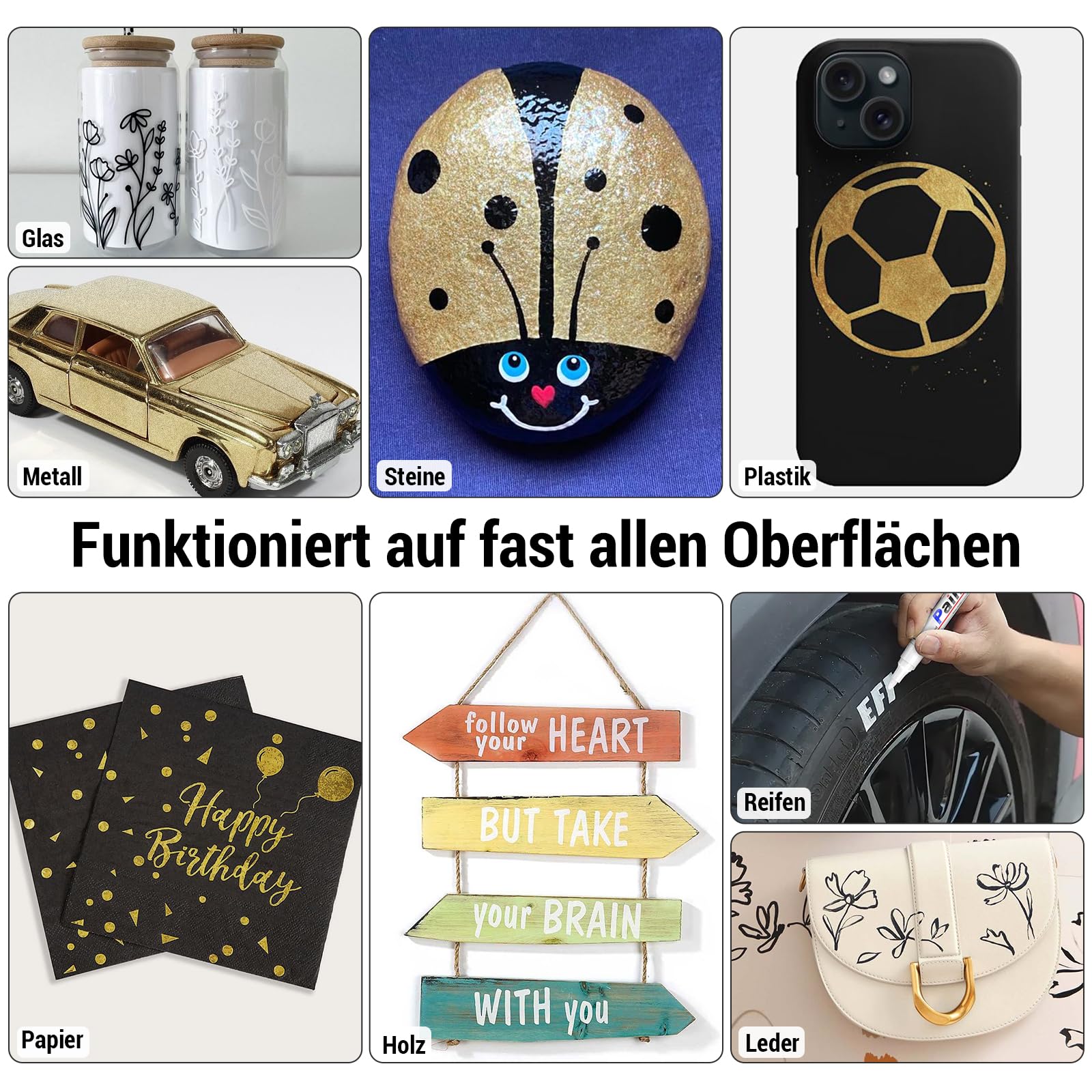 ANYUKE 4 Permanent Marker Wasserfest Stift: 2-3 mm Trocknen Schnell Lackstift Glasmalstifte,Farben der Wasserfester Stift Umfassen:Schwarz,Weiß,Gold,Silber,für Stein,Glas,Holz,Reifen,Metall,Papier usw