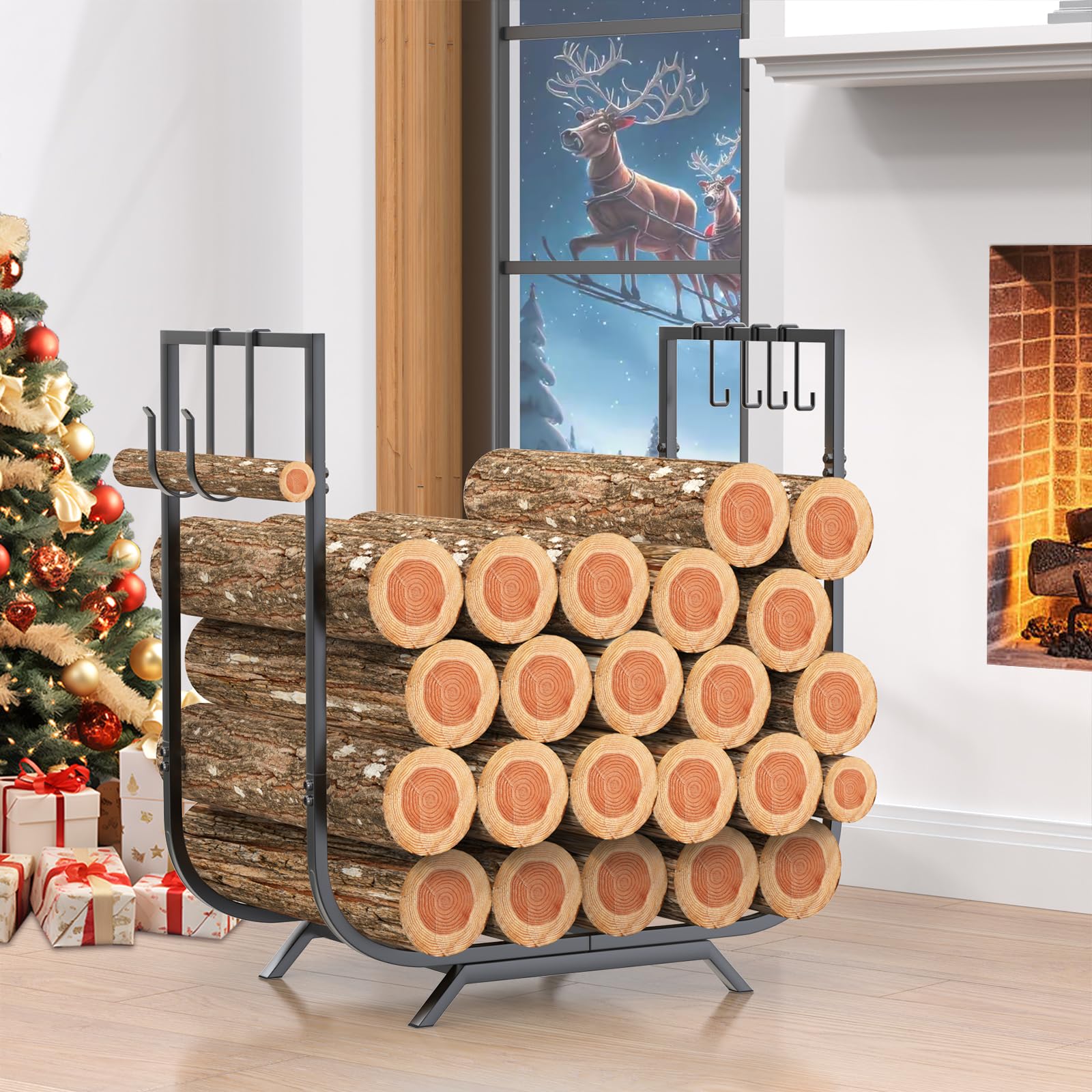 50 Gal (190 L) Upgraded Sturdy Firewood Rack Holder, Thickened Outdoor Indoor Fire Wood Pile Storage Stacker with 6 Hooks, Rustproof Waterproof Log Rack for Fireplace Wood Organizer