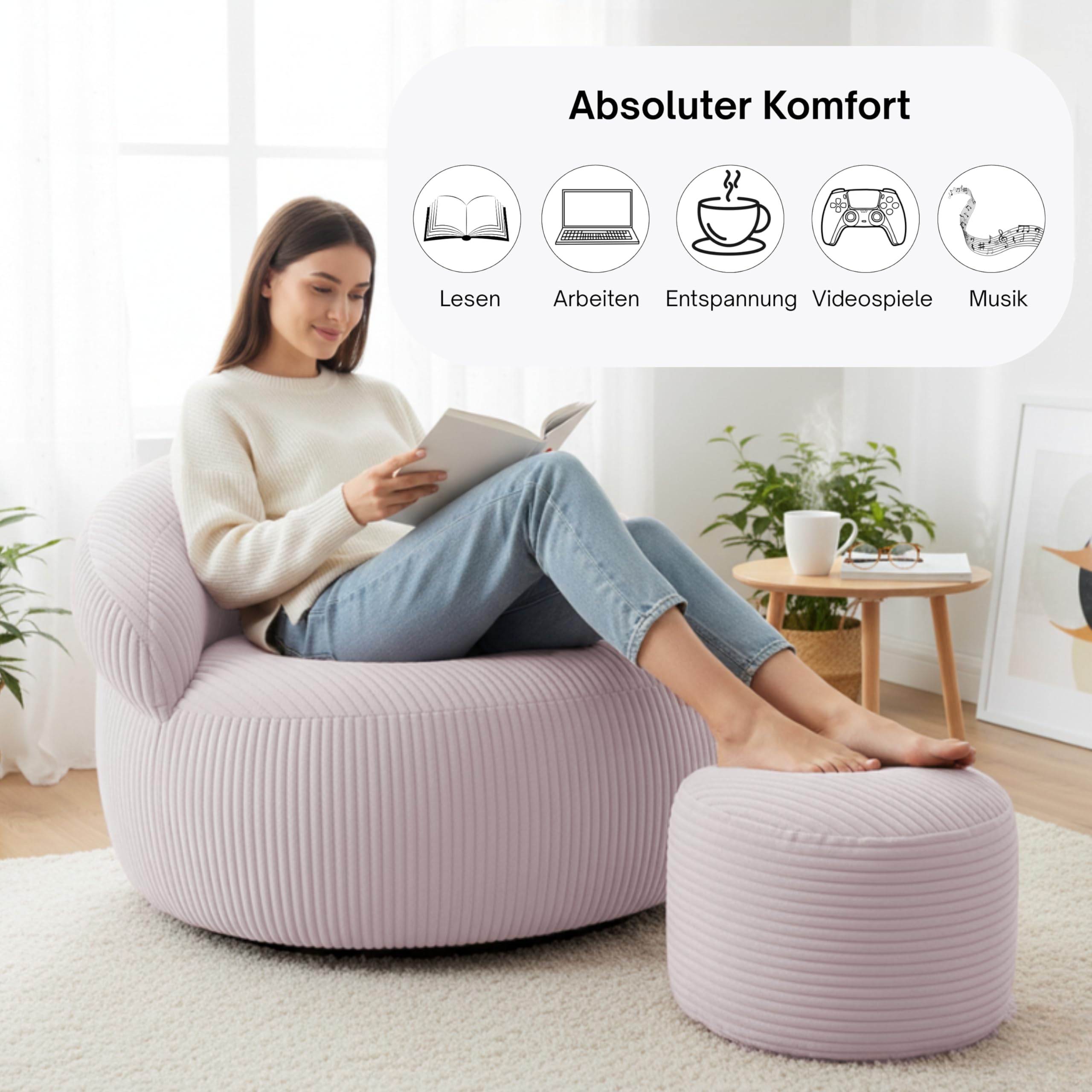 bananair – Sitzsack für Wohnzimmer aus Cord mit Fußhocker - XXL Bean Bag Chair Weich - Maschinenwaschbarer Bezug - Ideal für Salon, Schlafzimmer Erwachsene, Jugendliche (110 × 100 cm, Hellrosa)