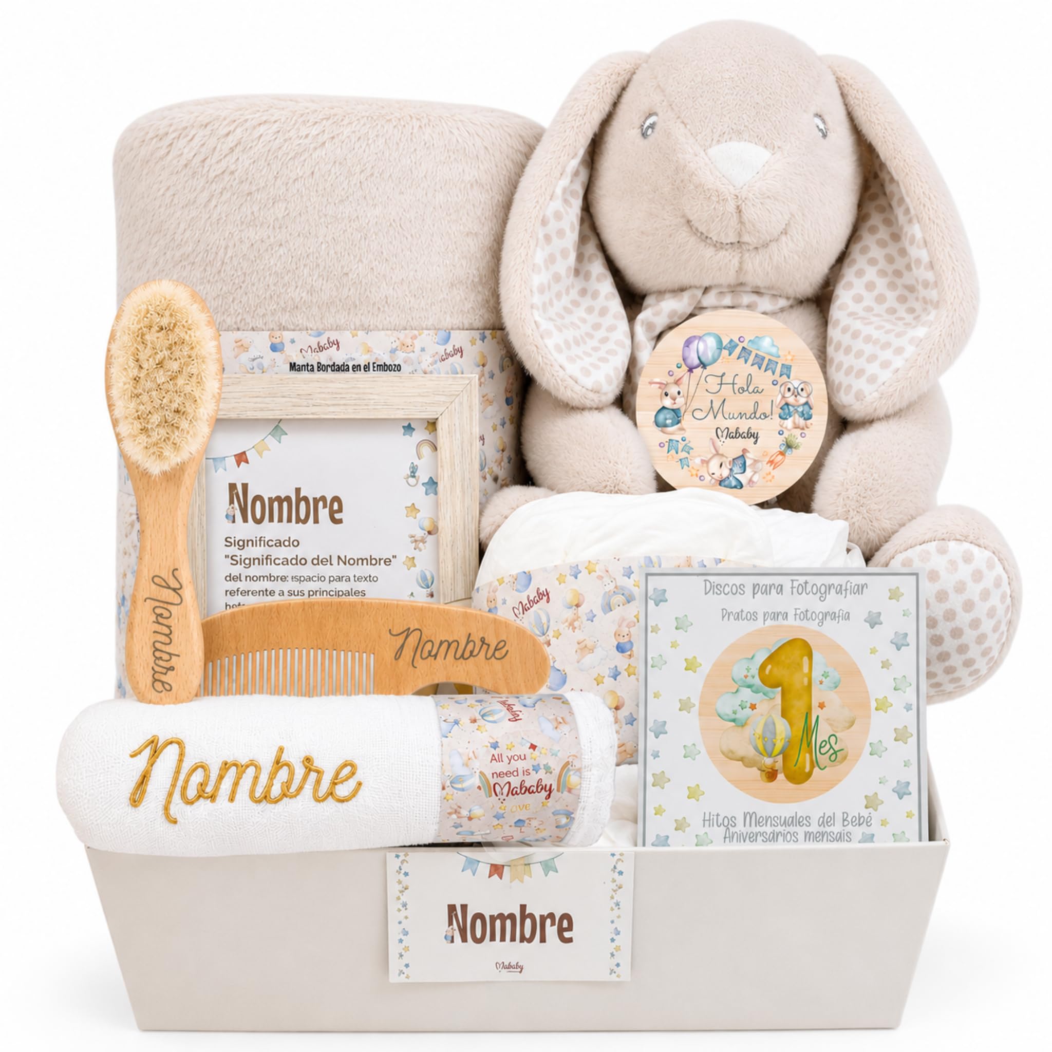 Canastilla Bebé Recién Nacido Personalizada Peluche (Beige) | Canastilla personalizada con manta coralina, peluche conejito, gasa bordada, set cepillo y peine y marco nombre.