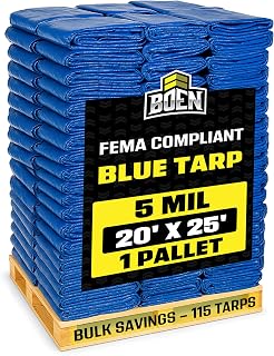 Boen 20' x 25' Blue FEMA Fire-Retardant Tarp Kit – Full Pallet (115-Pack) | 5 Mil Emergency Roof Covers with Grommets, Corner Bars & Paracord | Disaster Relief Shelter Kits