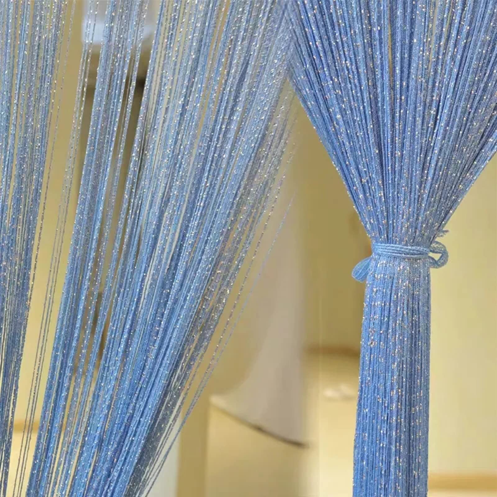 Rideau de porte à perles bleu 100x250 cm avec franges pailletées pour séparation de pièce