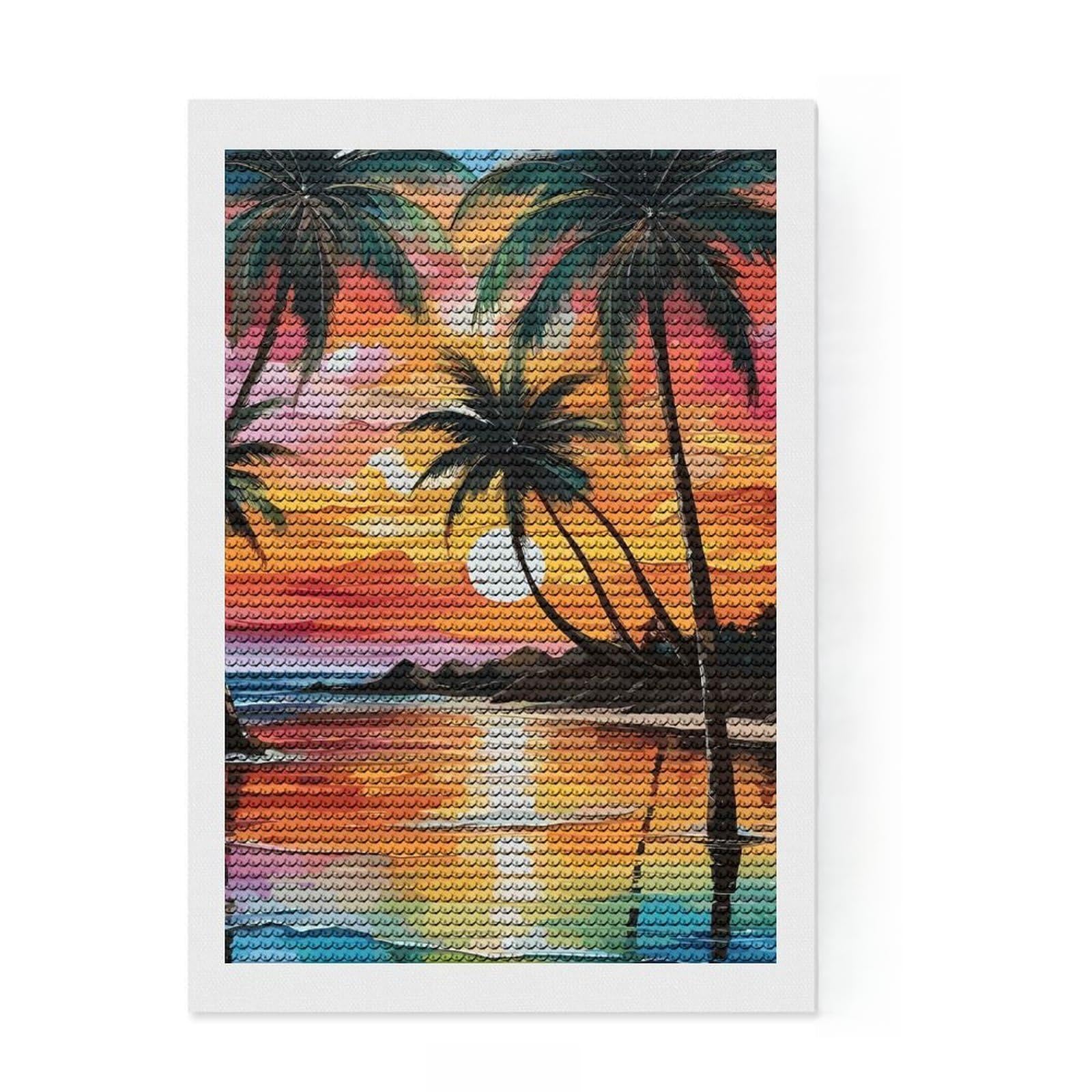 Junmoney Tropical Beach Sunset Painting Diamond Painting Set 8"x12", Printed Canvas, Finish and Display, Home Wall Decor, Gift Idea, Neat Printed Canvas