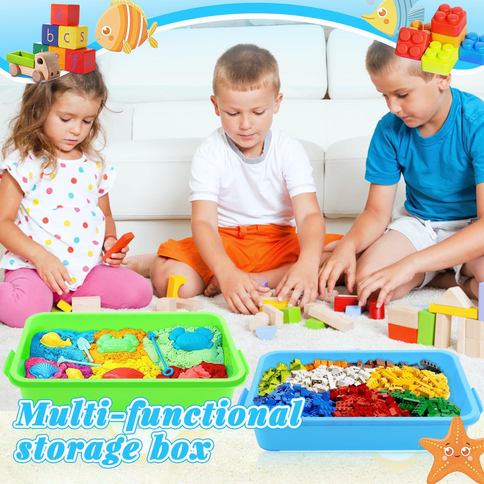 Sandkasten mit Deckel Sandkasten Sensory Bin mit Deckel für Kinder Kunststoff Tablett Sandkasten Abdeckung Sensory Sandbox Container für Wasser, Sand, Perlen und Mehr (Grün und Blau)