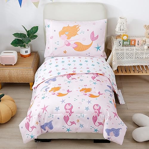 PERFEMET Juego de cama para niñas con estampado de sirena de dibujos animados, ultra suave, transpirable, reversible, incluye edredón, sábana