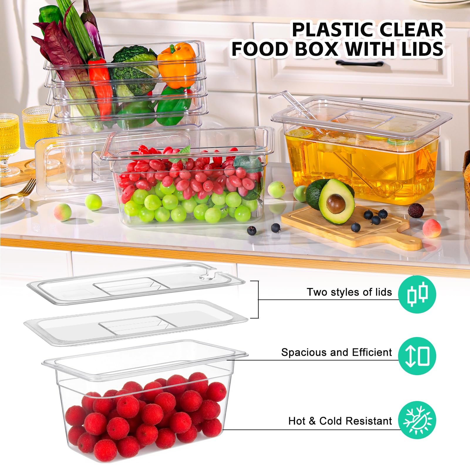 Confezione da 6 padelle in plastica per alimenti con coperchio, 1/3 di misura 15,2 cm, profonde trasparenti, impilabili, in policarbonato, per hotel, con 1 cucchiaio per frutta e verdura