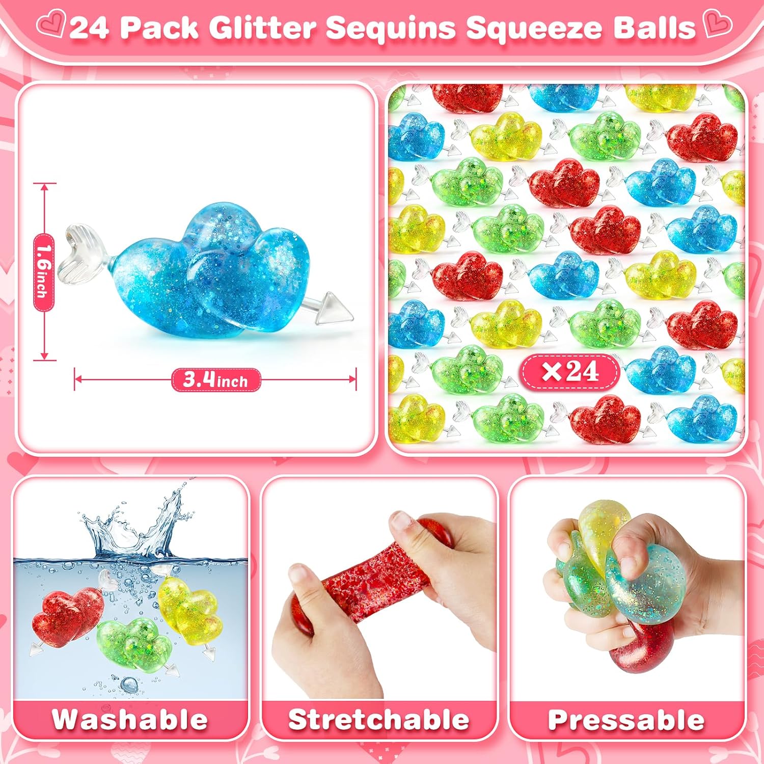 Valentines Day Gifts Cards for Kids, 24 Pack Double Heart Squeeze Balls with Greeting Cards for Kids Classroom Exchange Prizes, Stretchy Toy Balls Bulk Gift, Squeeze Relief Fidget Toy for Party Favor