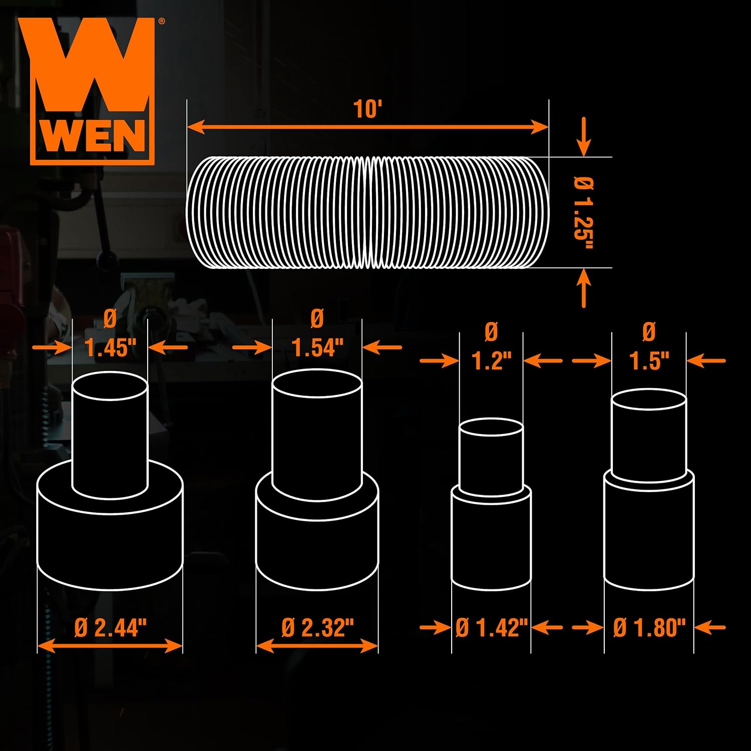 WEN 1.25-Inch by 10-Foot Dust Hose Kit with Fittings and Reducers