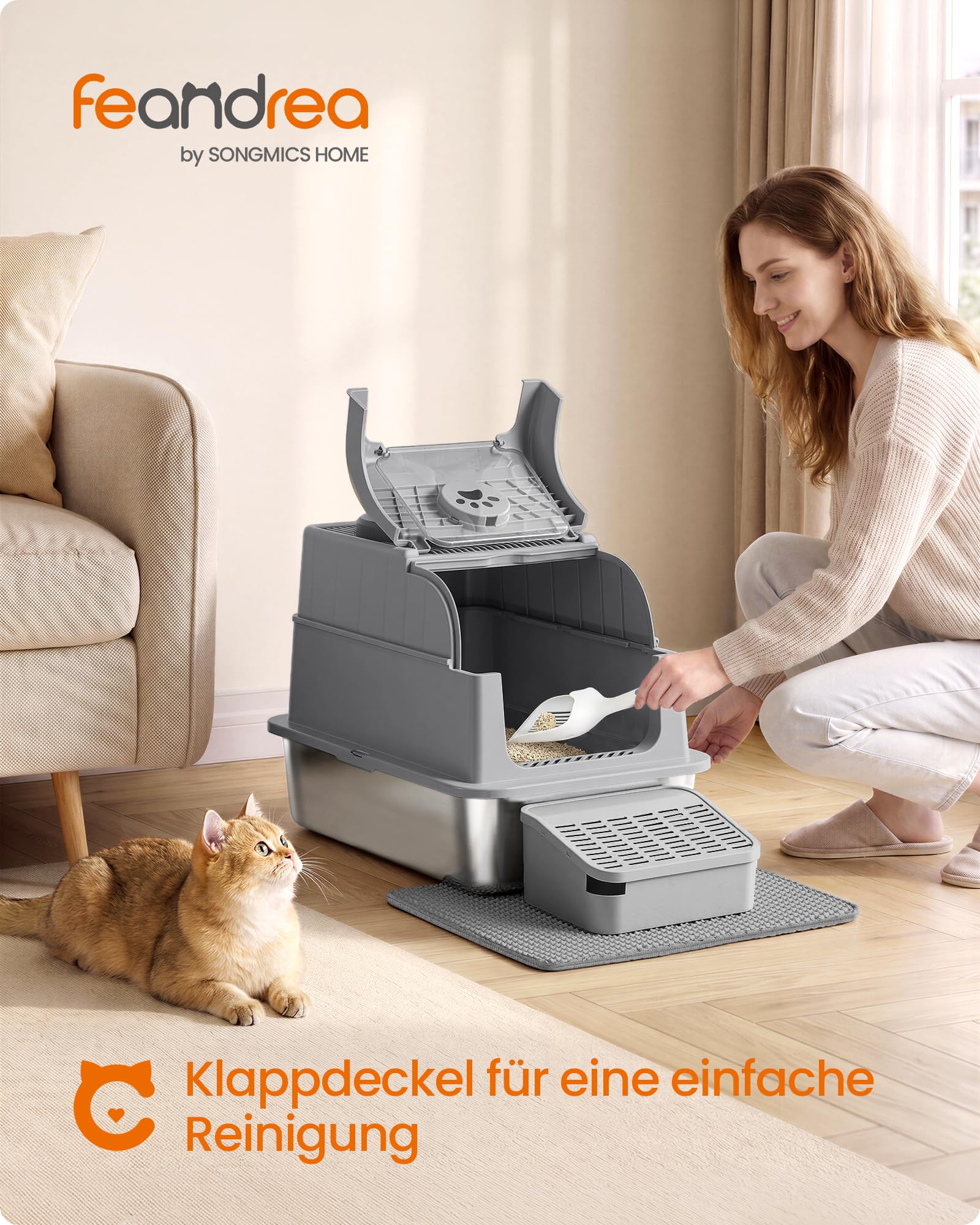 Feandrea Katzenklo Edelstahl, Katzentoilette mit Deckel, geschlossen, 2 Eingänge, inklusive Schaufel und Bürste, für Katzen bis 15 kg, taubengrau PPT021G201