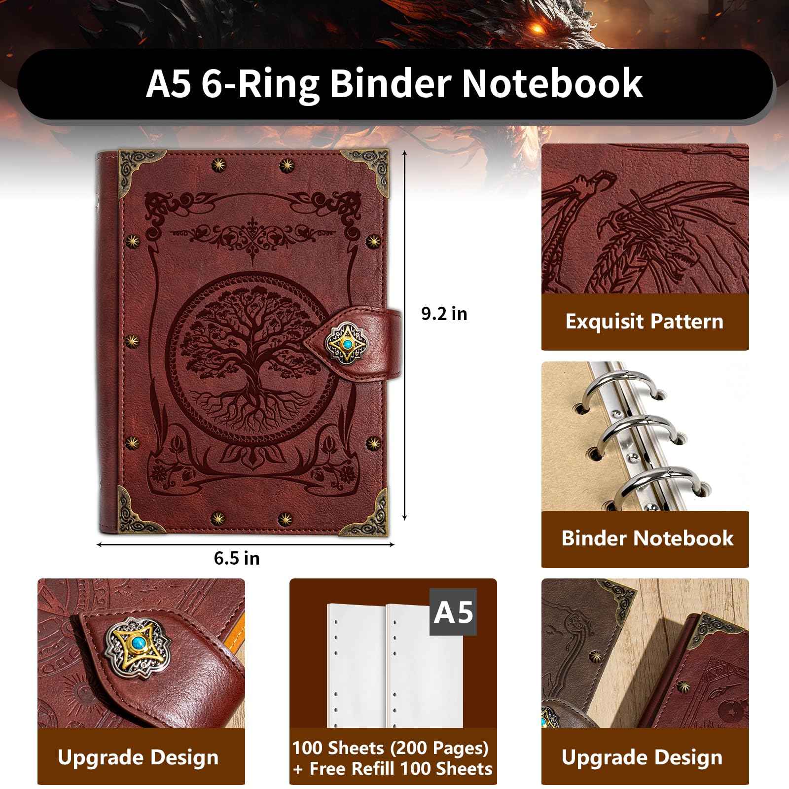 DUROTAN Baum des Lebens Tagebücher Notizbuch Geschenkset - Einzigartiger A5-Ordner 400 Seiten Vintage-Leder Geeignet für Frauen & Männer zum Schreiben, Dichter, Reisende, als Tagebuch Dnd Geschenk