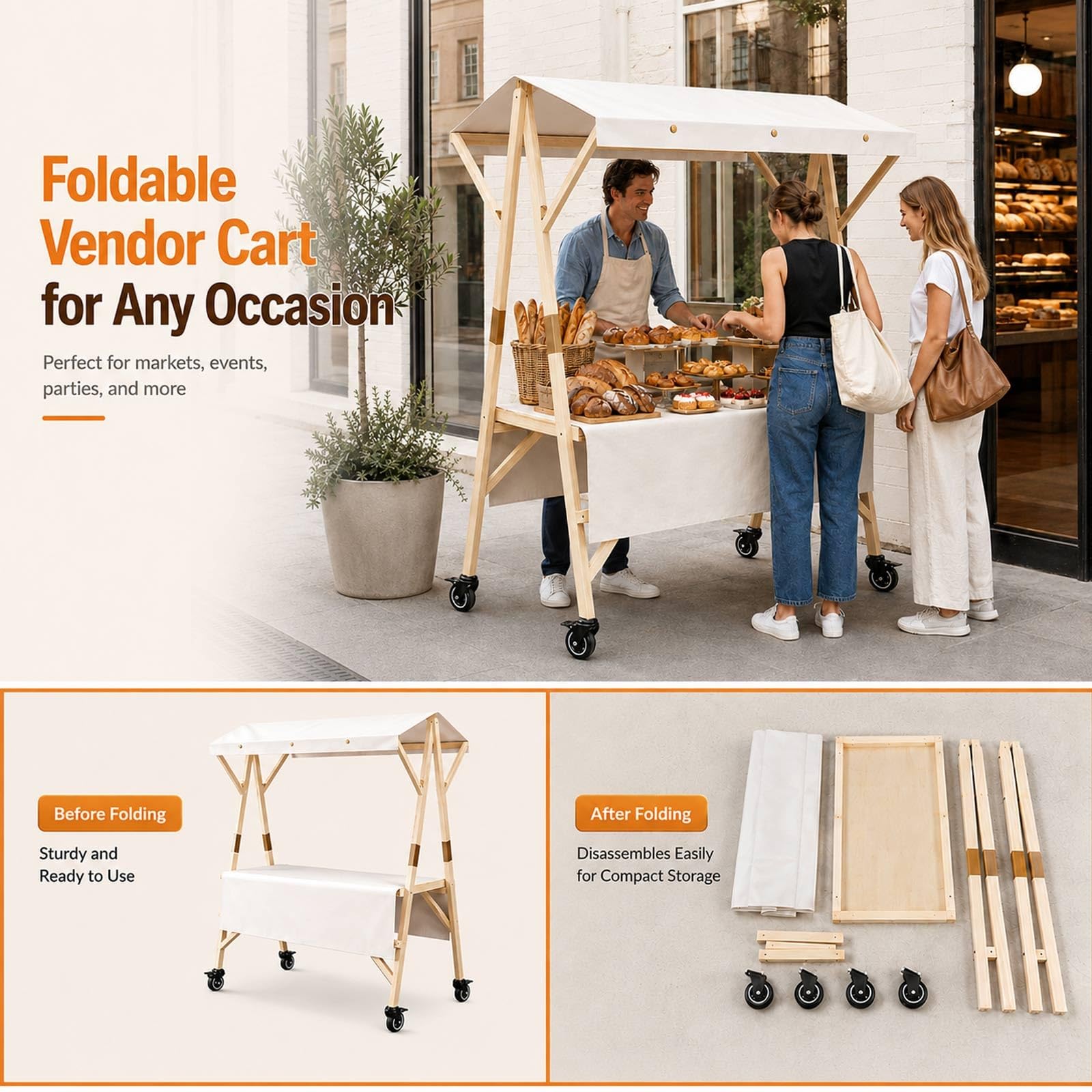 Puesto De Mercado con Toldo, Carrito De Comida Callejera De Madera, Carro Venta Ambulante, Kiosco Móvil con Ruedas, Stand Plegable para Catering Y Eventos Pop Up(Pink a,L 150cm/59in)